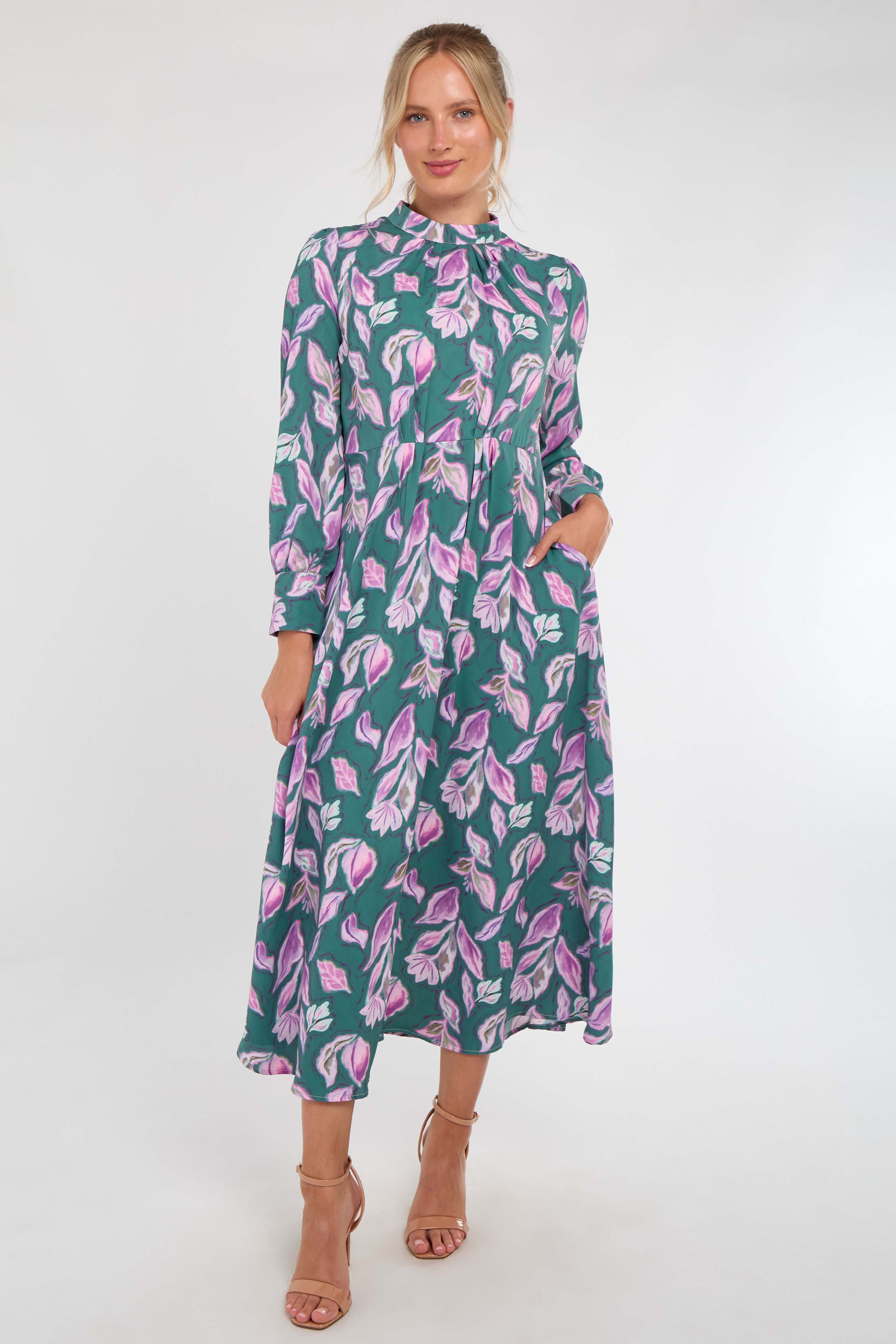 6Pcs Teal and Lilac Leaf Print Pleated Skirt Maxi Dress