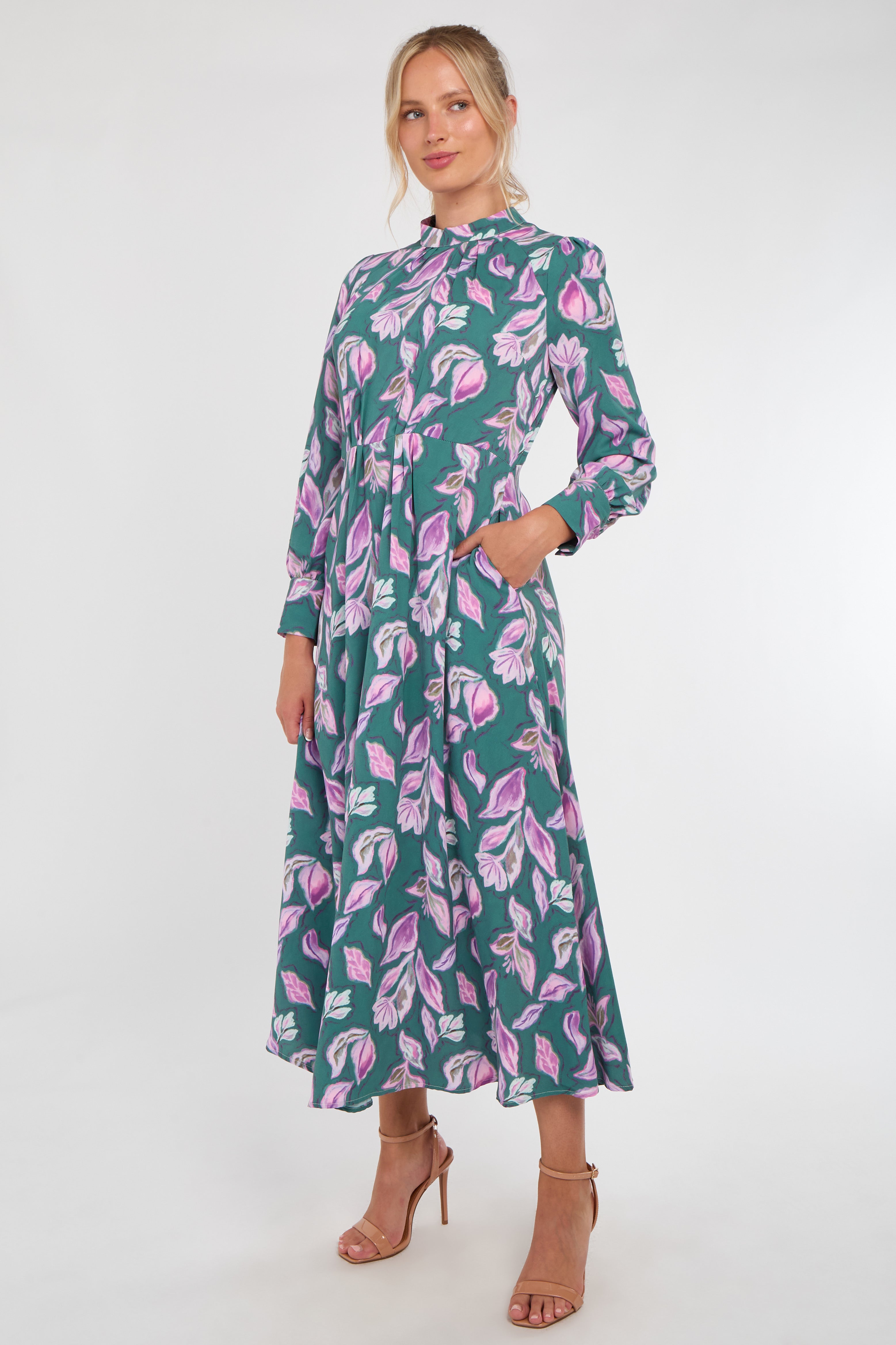 6Pcs Teal and Lilac Leaf Print Pleated Skirt Maxi Dress