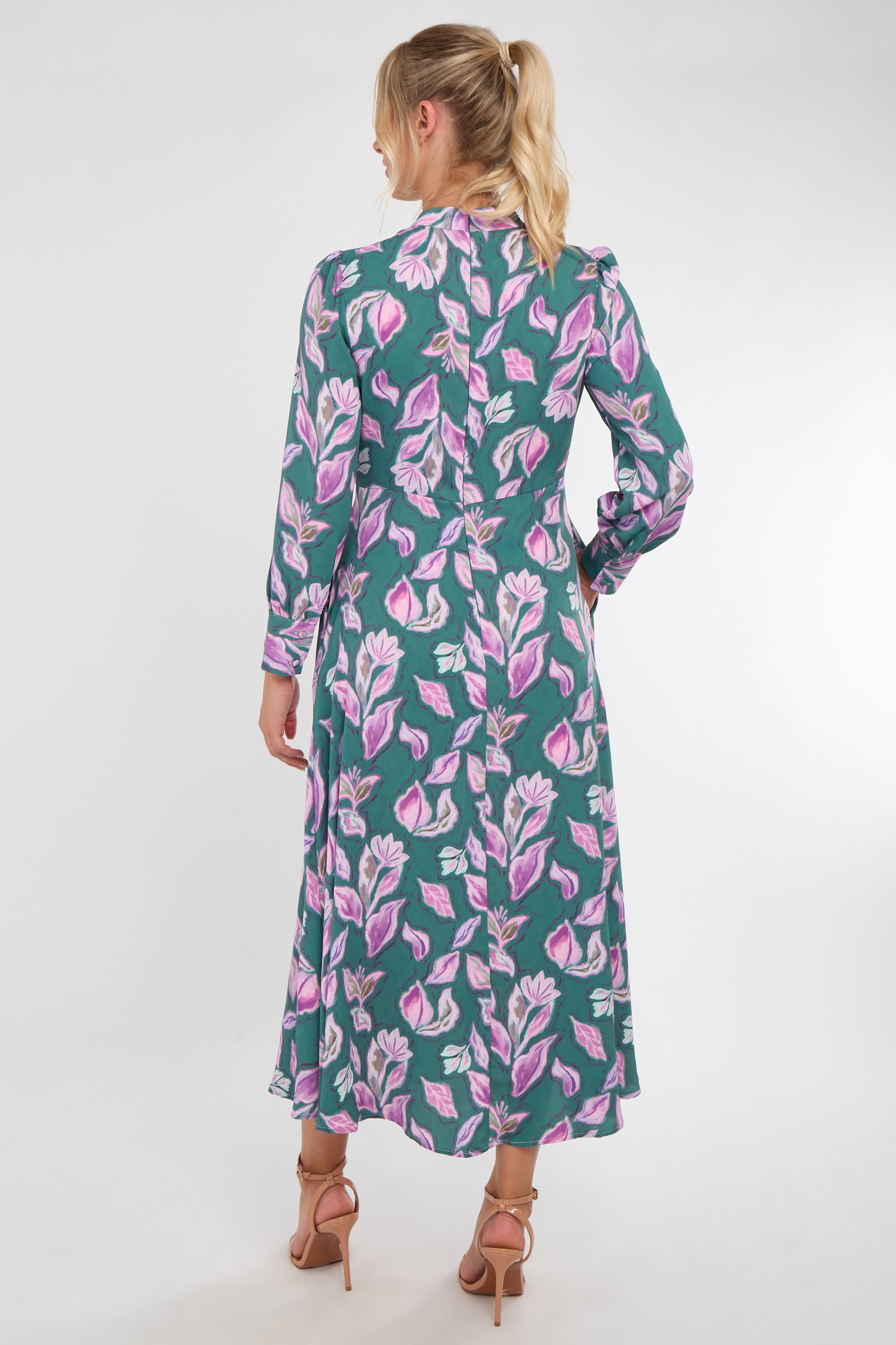 6Pcs Teal and Lilac Leaf Print Pleated Skirt Maxi Dress