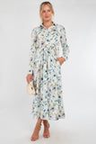8Pcs Soft Blue Botanical Print Maxi Shirt Dress