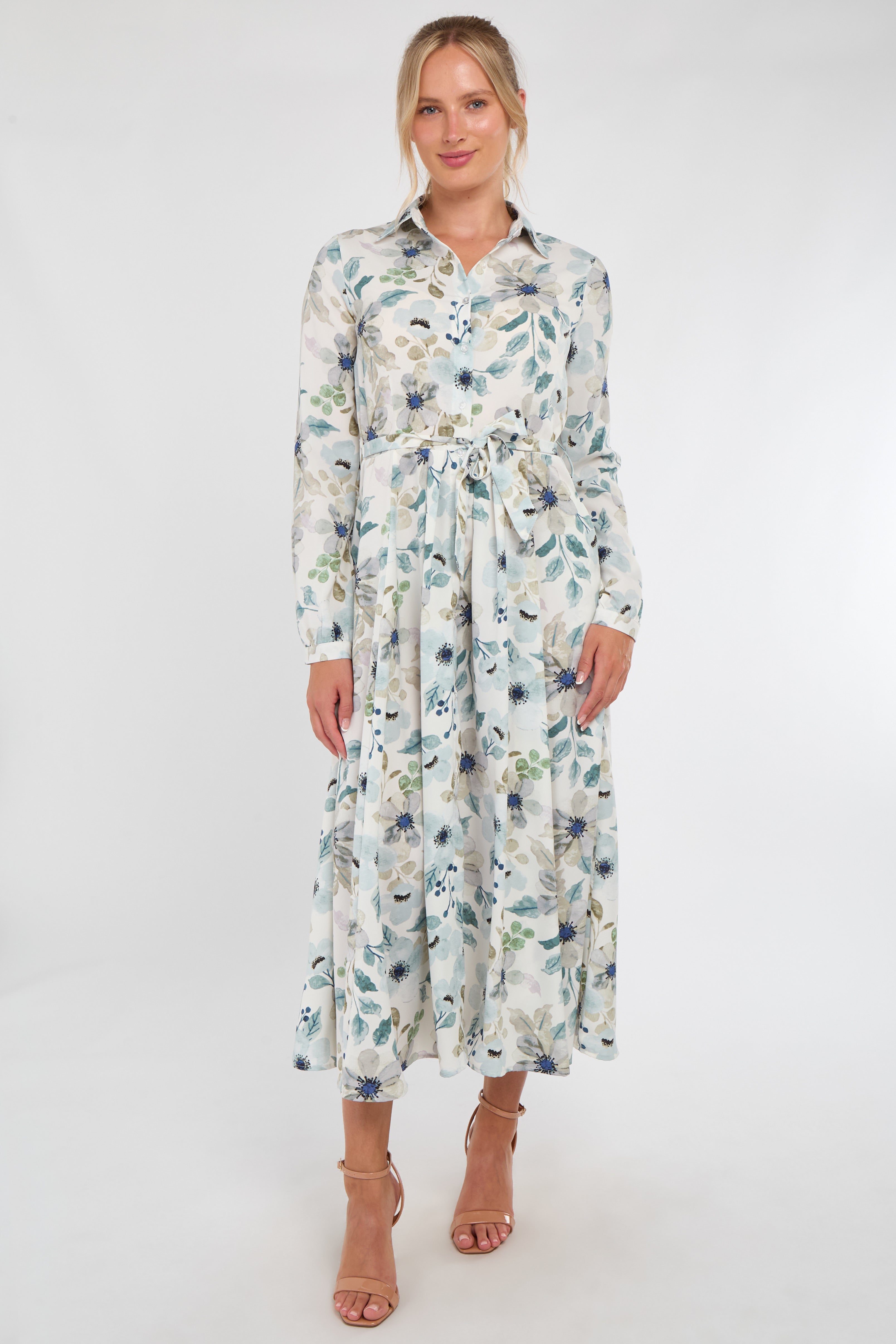 8Pcs Soft Blue Botanical Print Maxi Shirt Dress