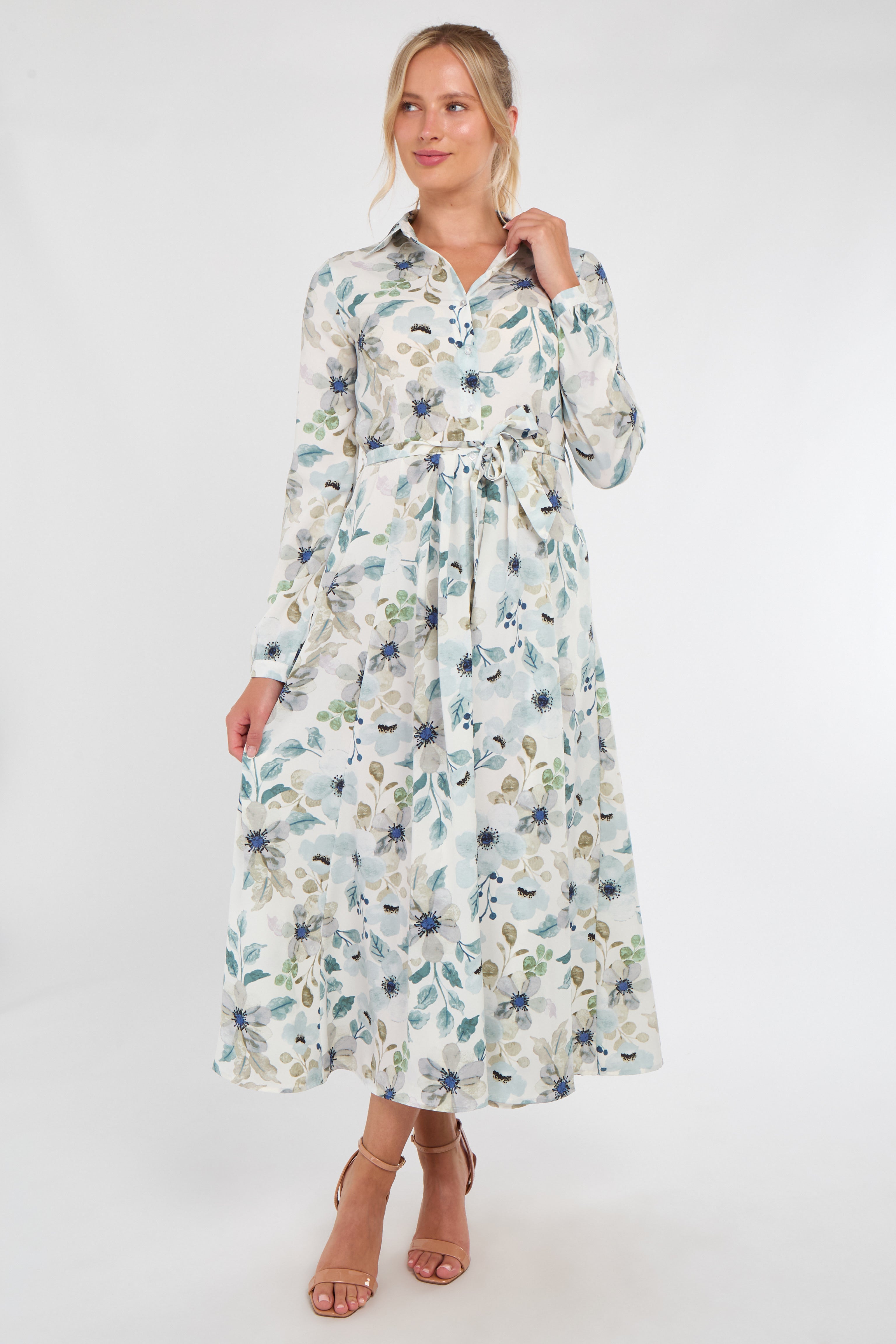 8Pcs Soft Blue Botanical Print Maxi Shirt Dress