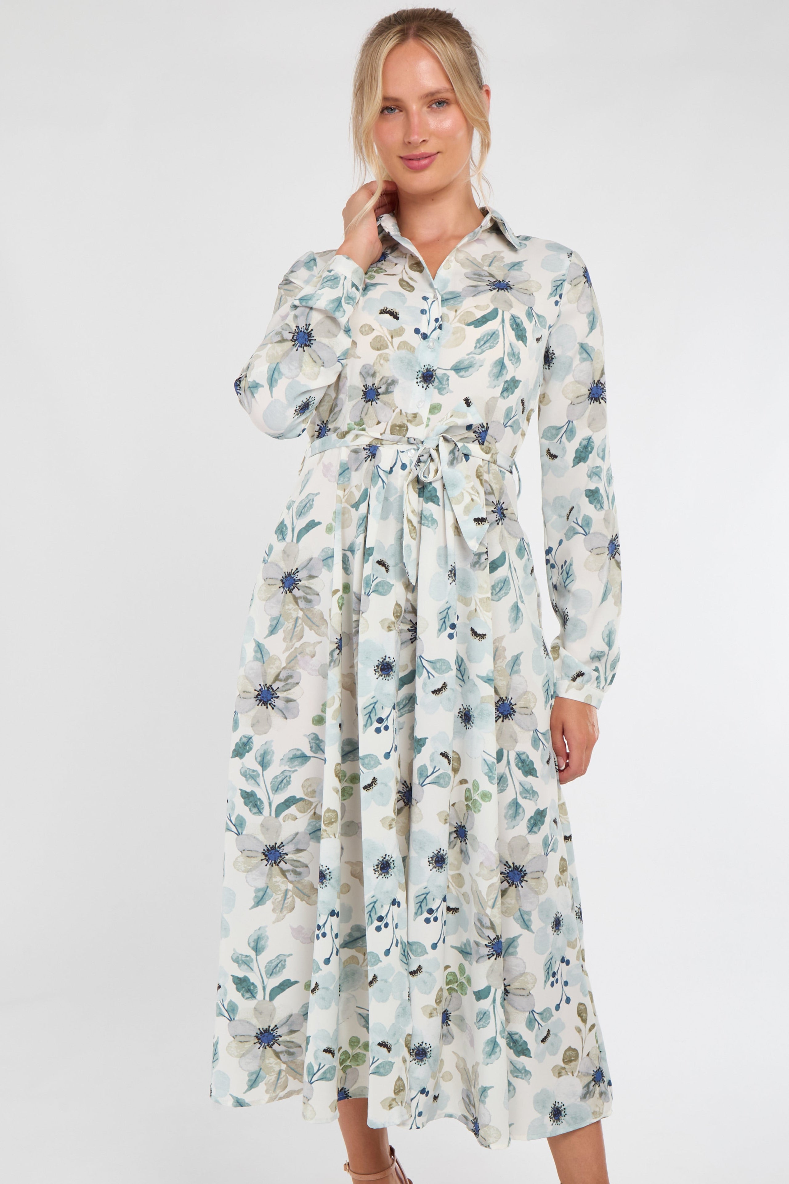 8Pcs Soft Blue Botanical Print Maxi Shirt Dress