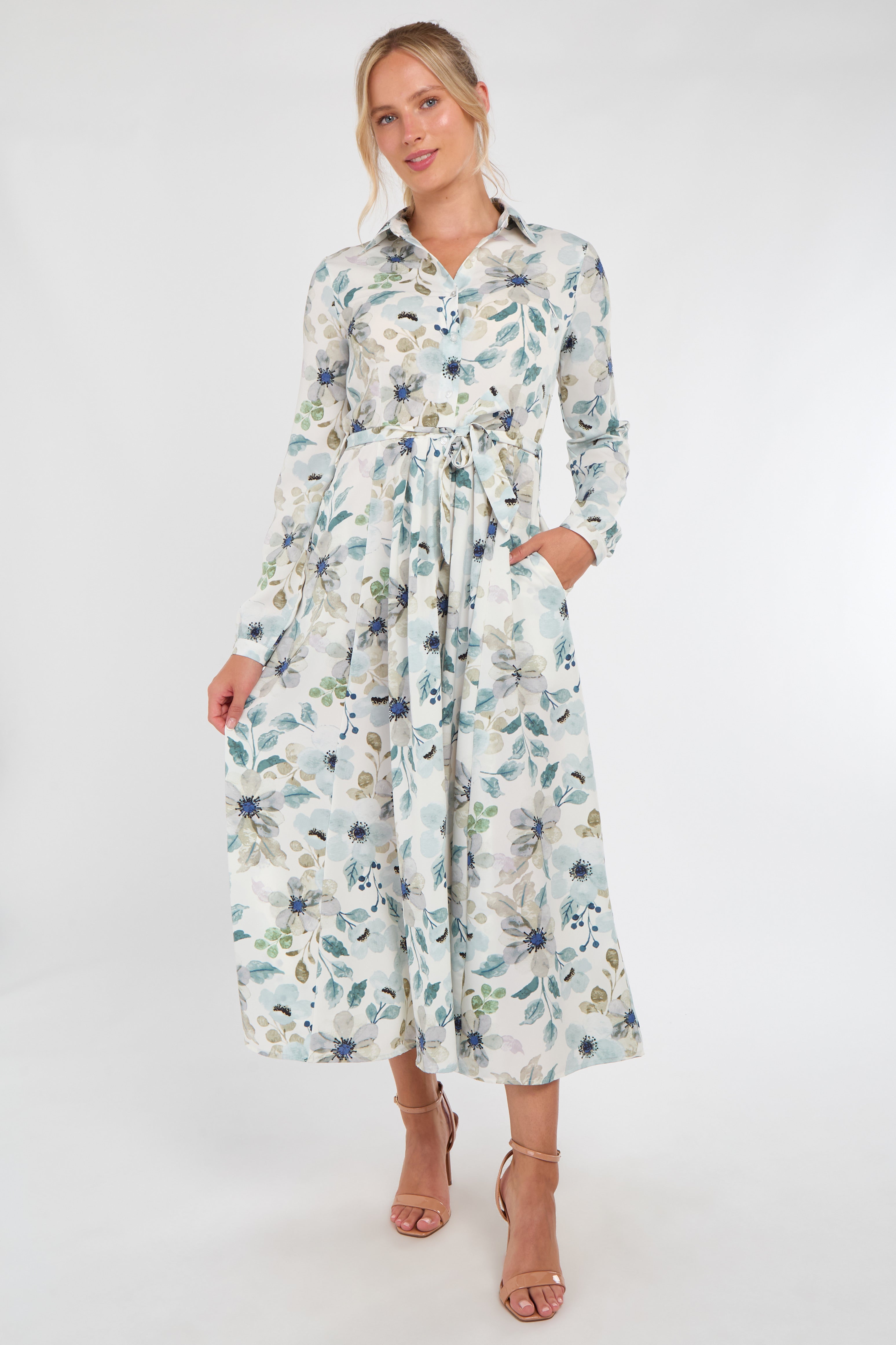 8Pcs Soft Blue Botanical Print Maxi Shirt Dress