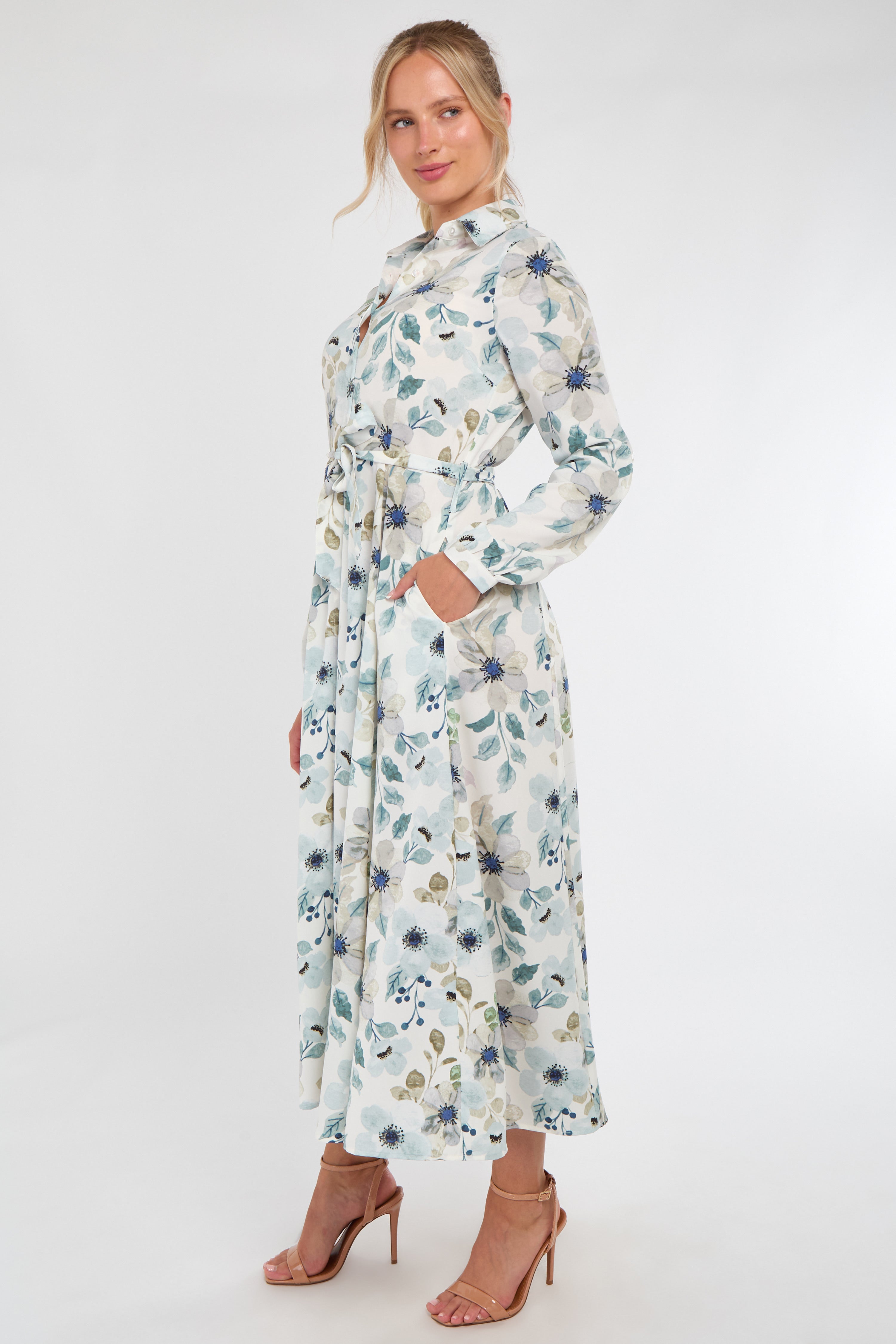 8Pcs Soft Blue Botanical Print Maxi Shirt Dress
