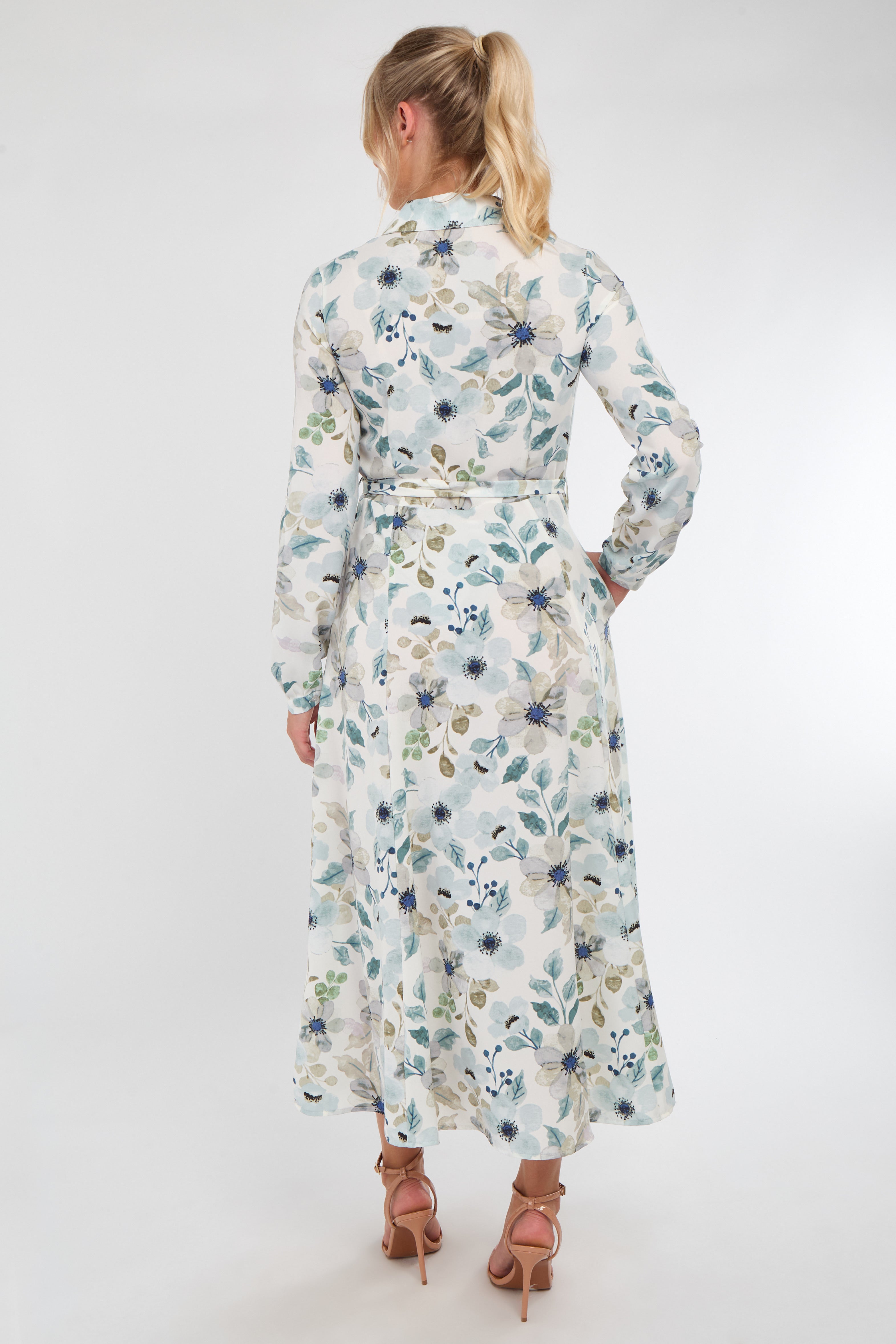 8Pcs Soft Blue Botanical Print Maxi Shirt Dress