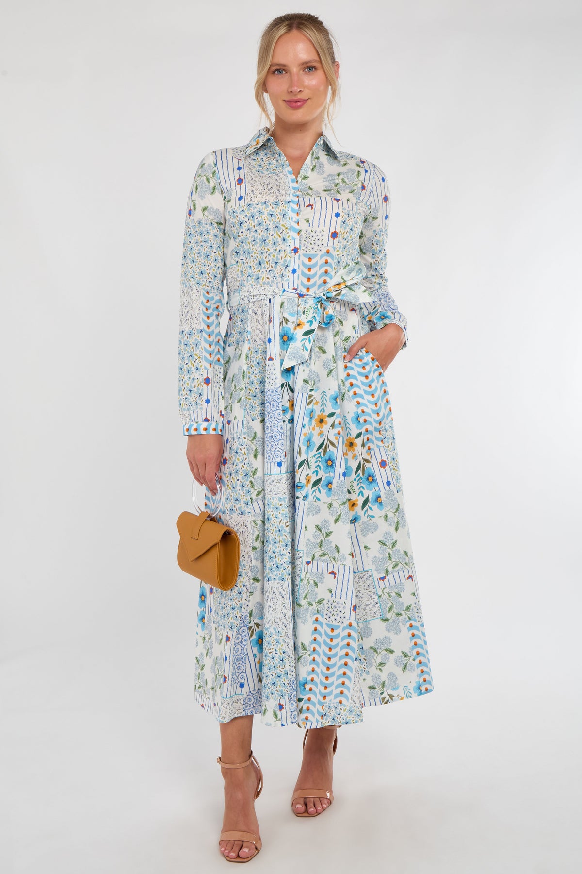 8Pcs Pastel Botanical Patchwork Belted Shirt Dress