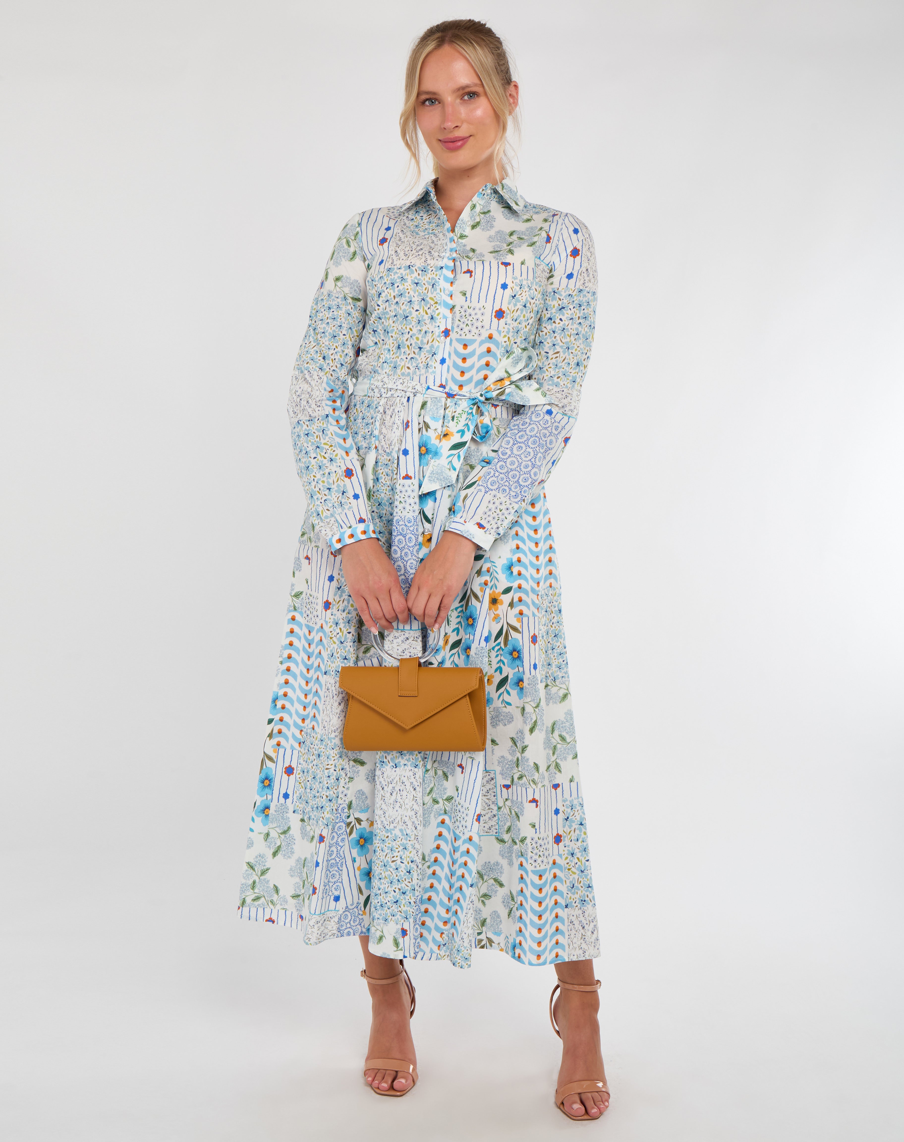 8Pcs Pastel Botanical Patchwork Belted Shirt Dress