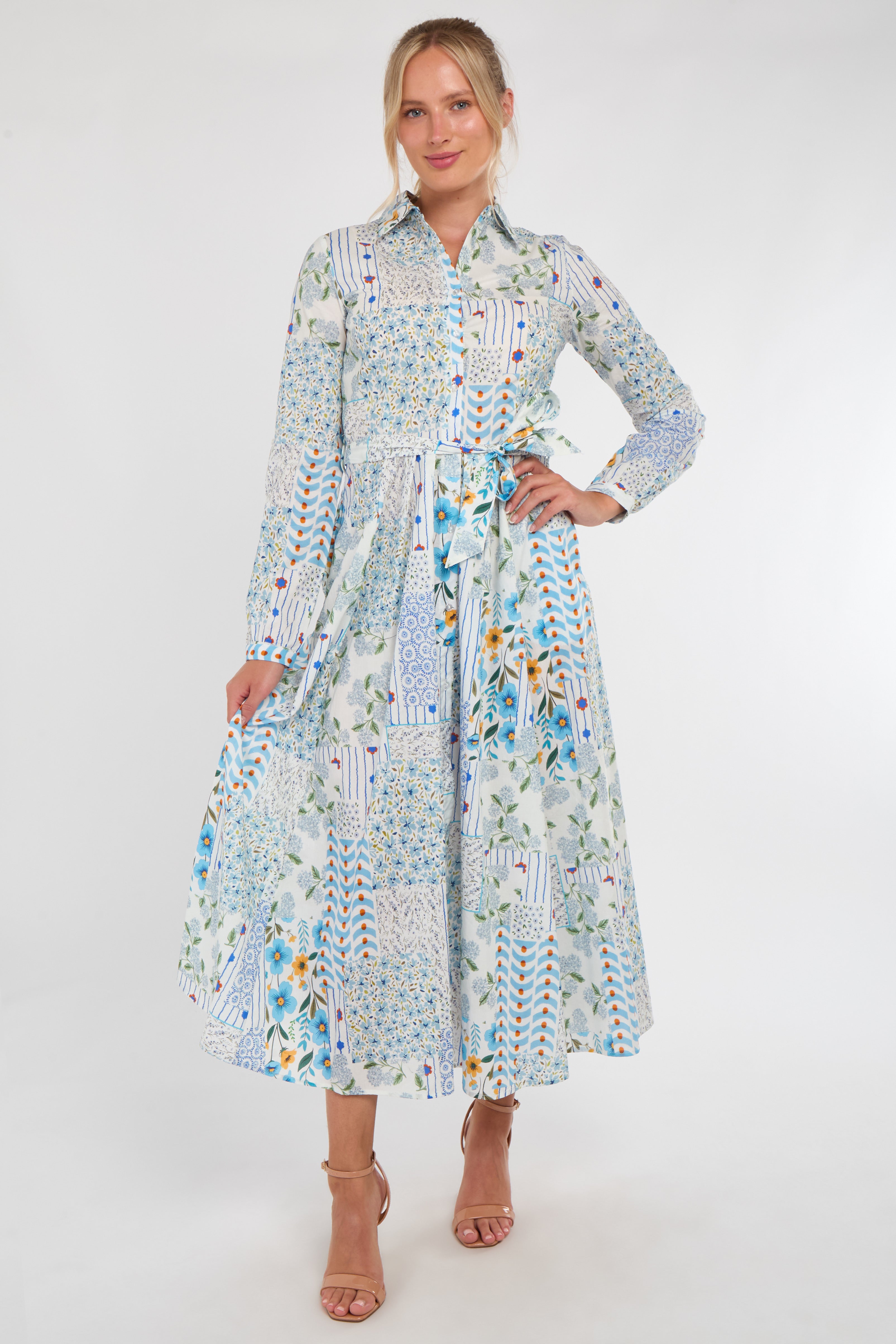 8Pcs Pastel Botanical Patchwork Belted Shirt Dress
