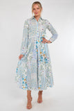 8Pcs Pastel Botanical Patchwork Belted Shirt Dress