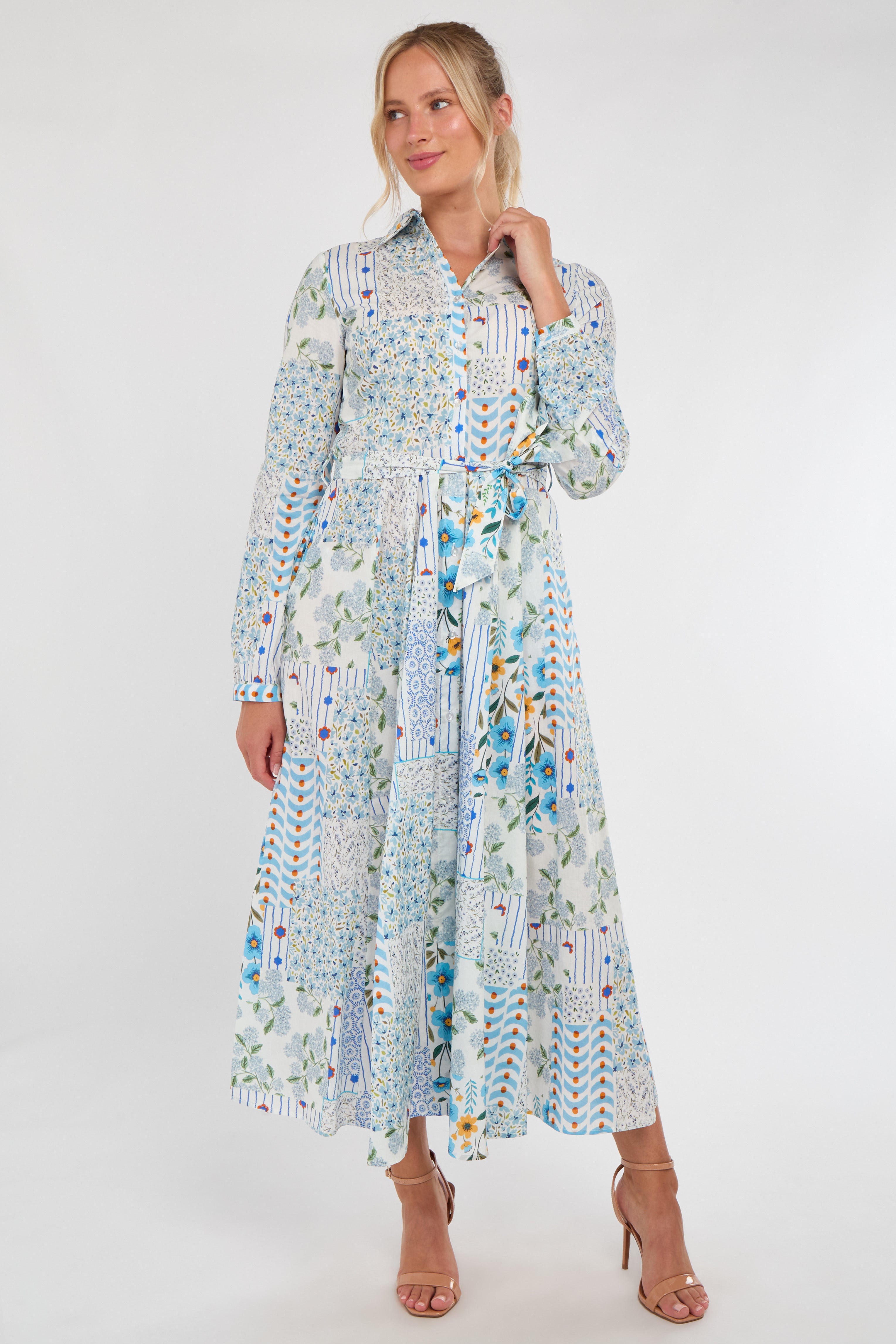 8Pcs Pastel Botanical Patchwork Belted Shirt Dress
