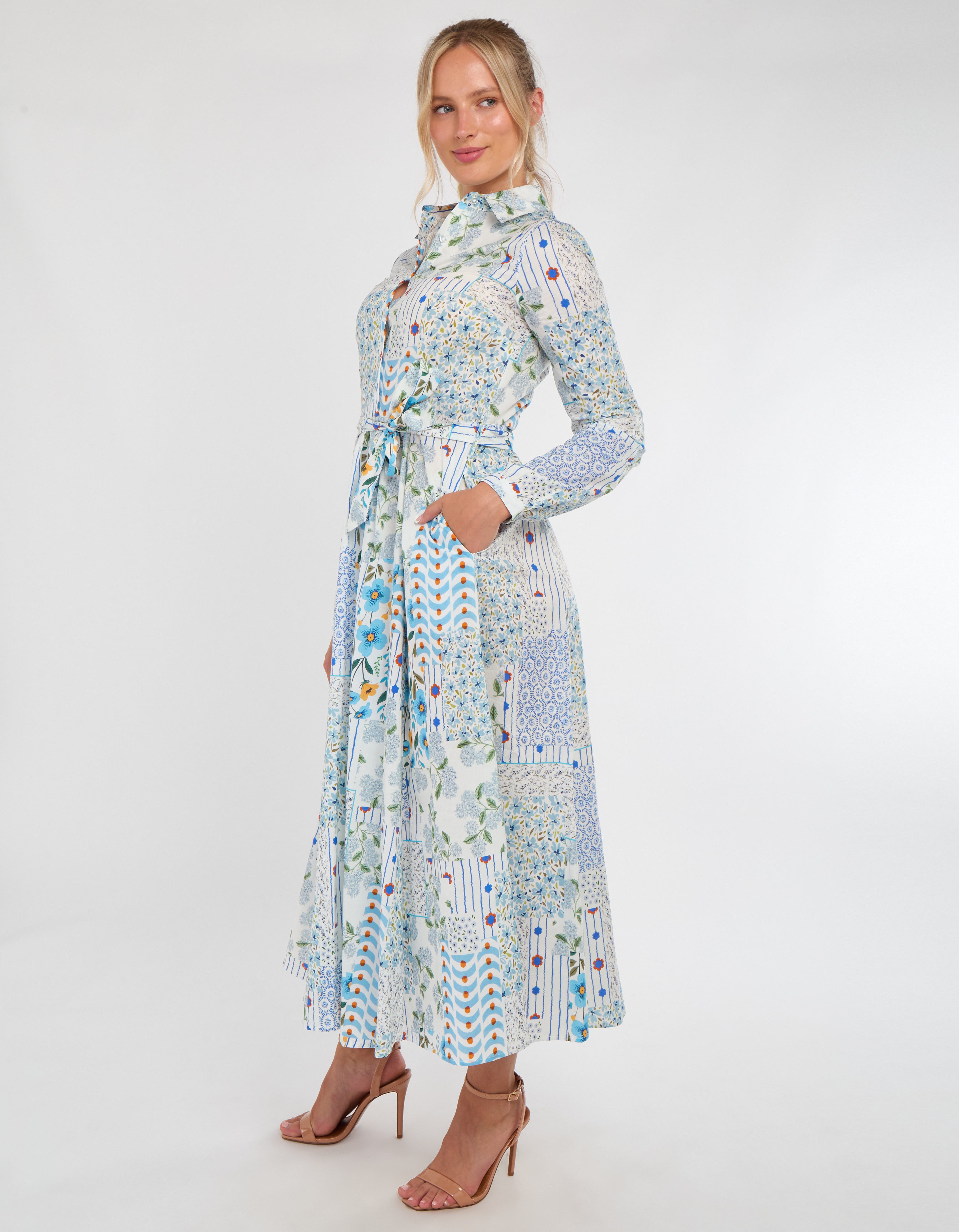 8Pcs Pastel Botanical Patchwork Belted Shirt Dress