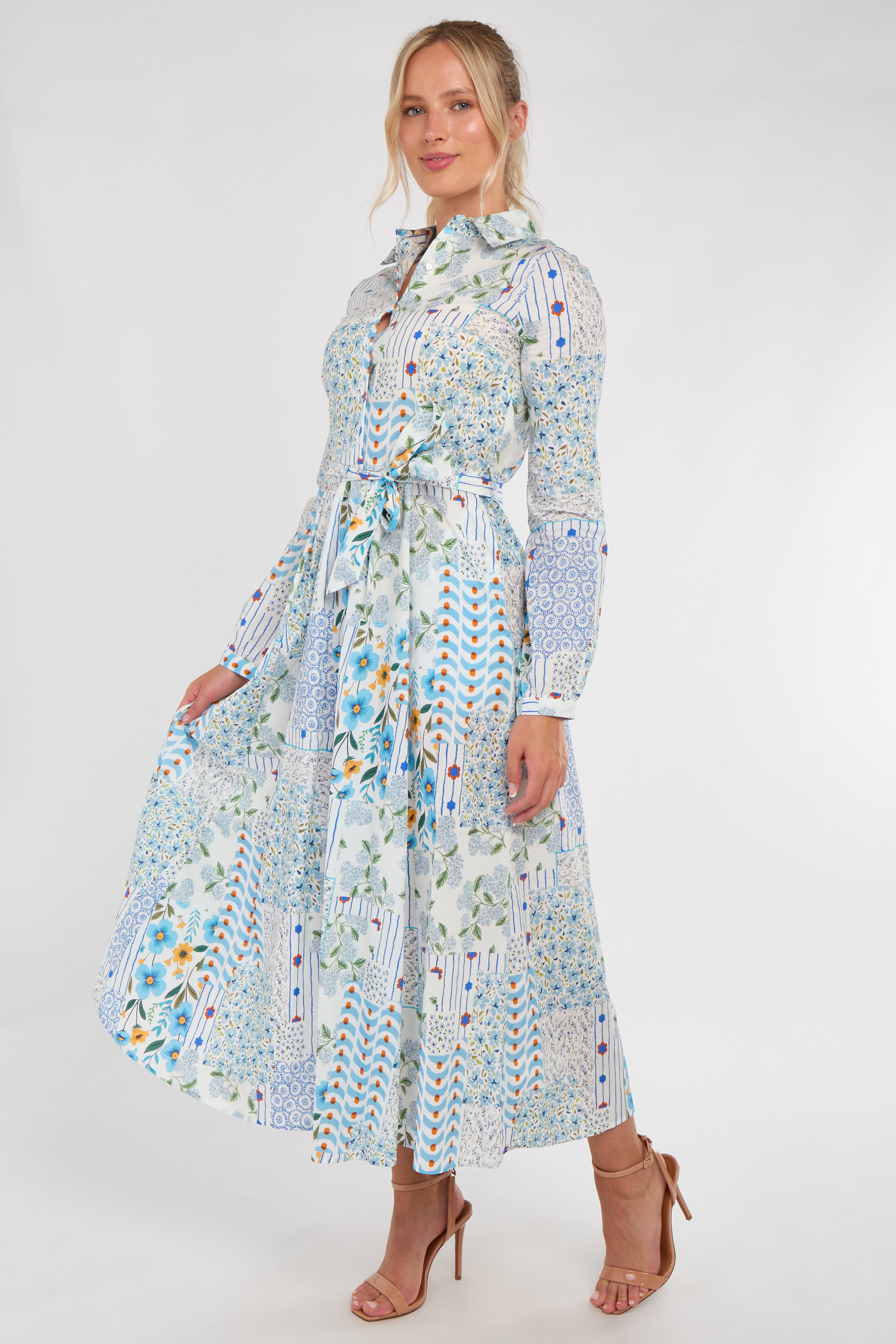 8Pcs Pastel Botanical Patchwork Belted Shirt Dress