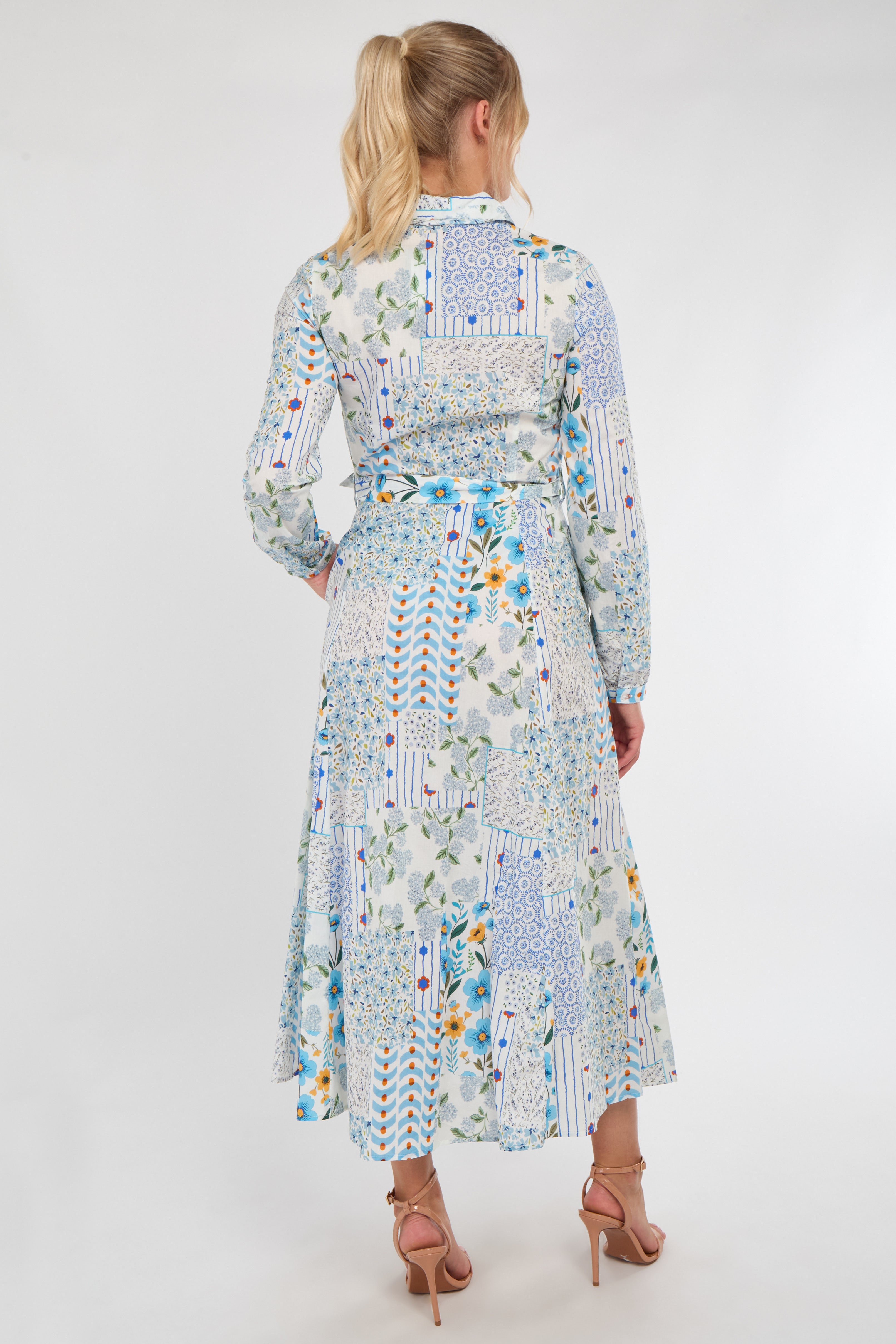 8Pcs Pastel Botanical Patchwork Belted Shirt Dress