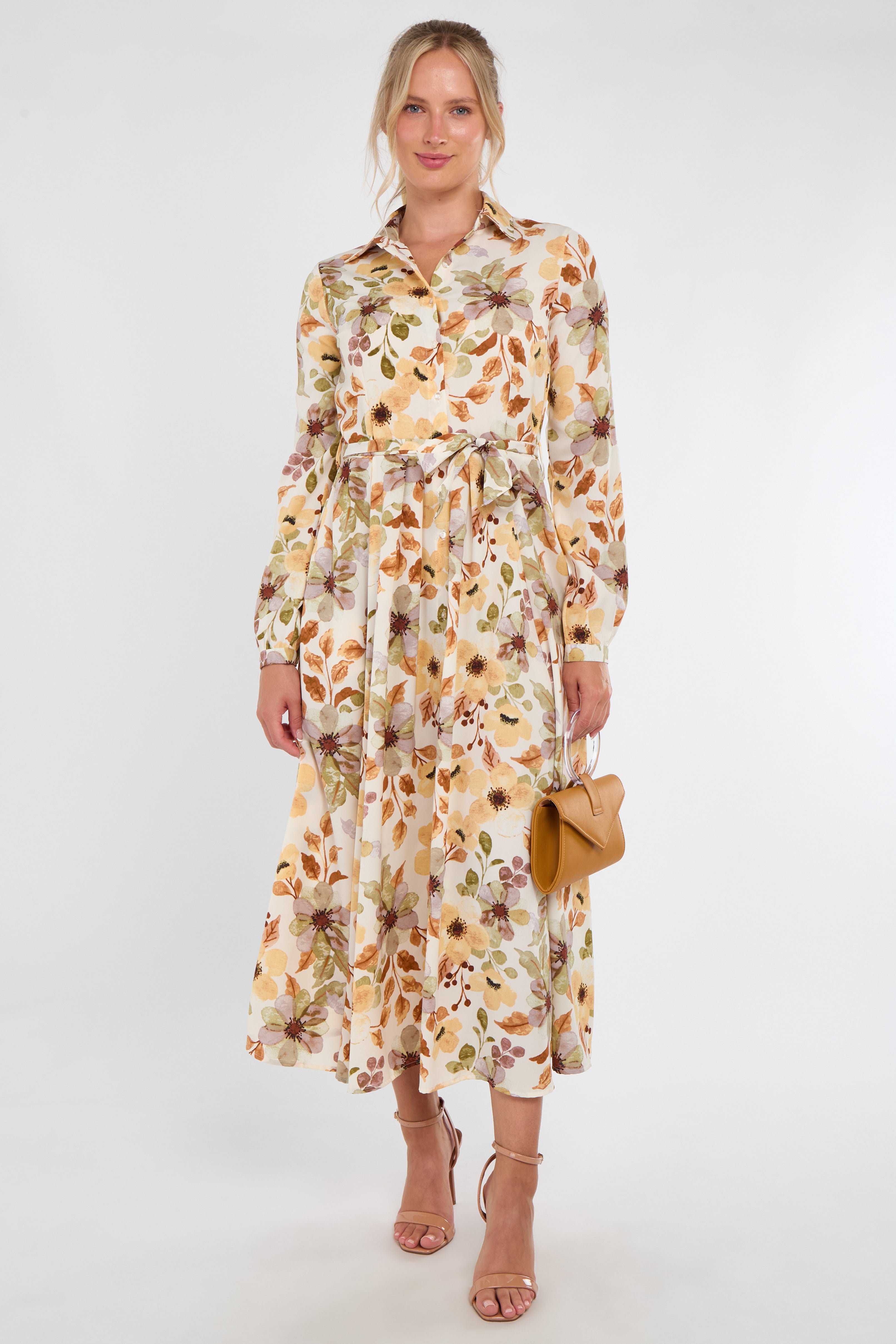8Pcs Autumn Bloom Botanical Print Maxi Shirt Dress