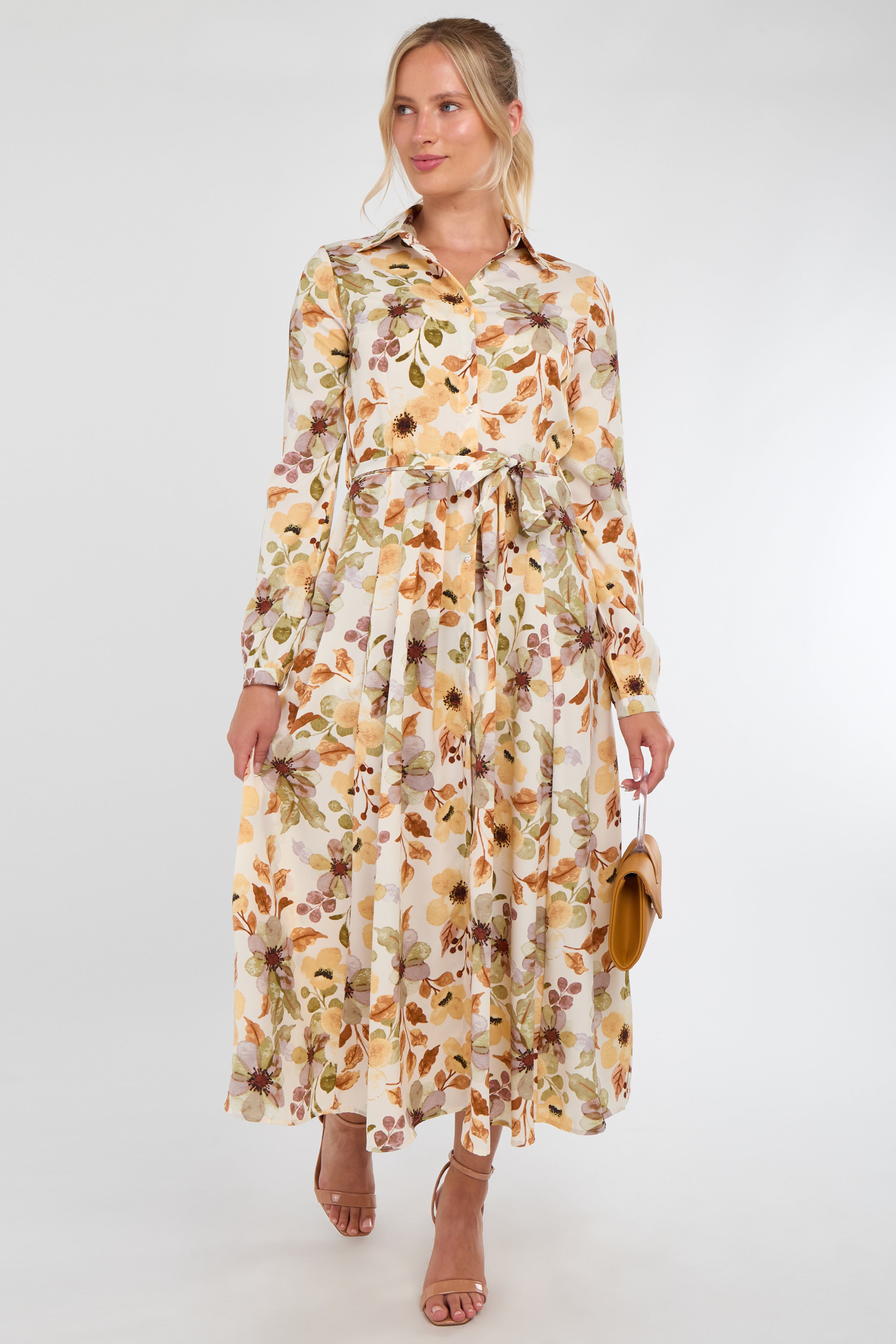 8Pcs Autumn Bloom Botanical Print Maxi Shirt Dress