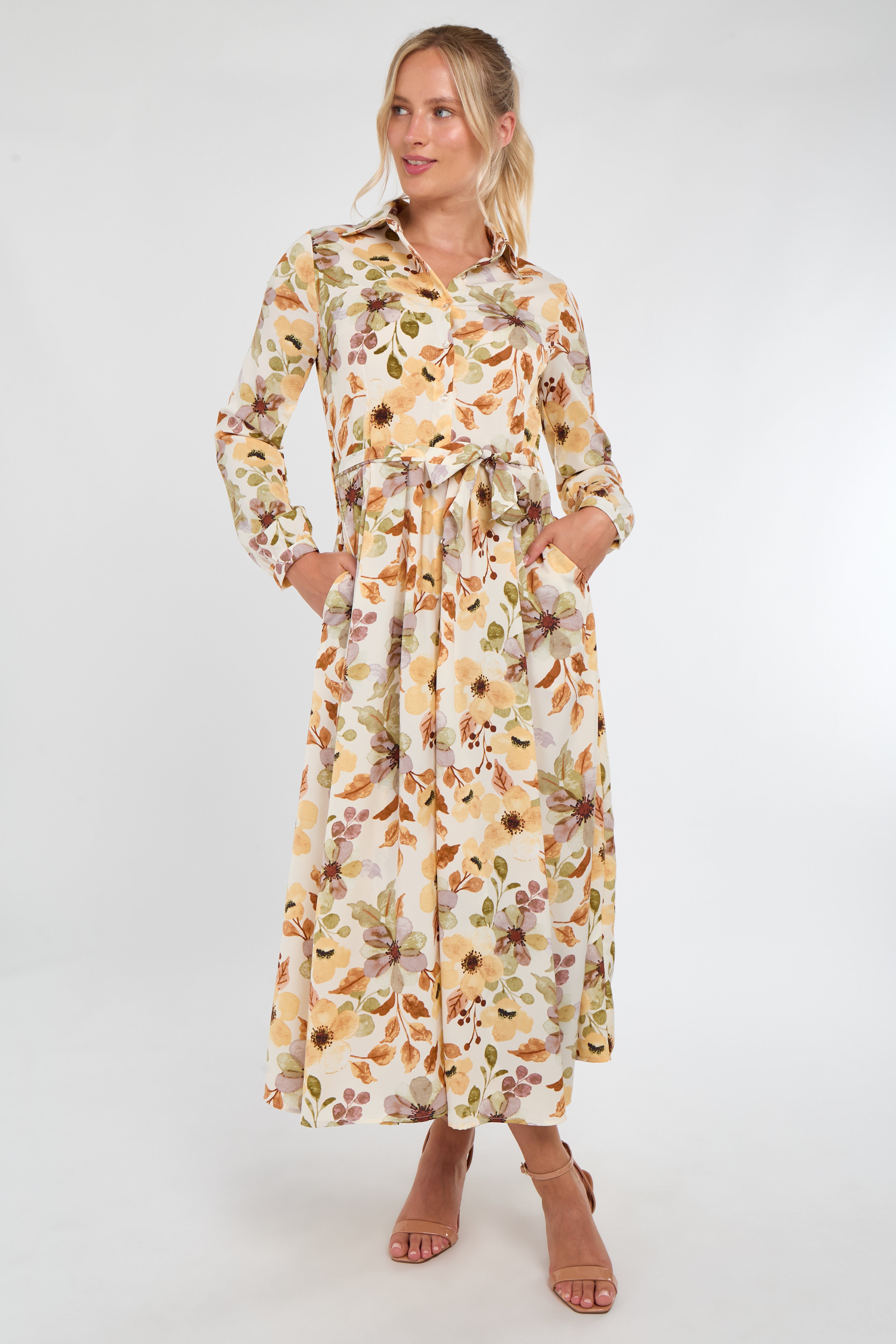 8Pcs Autumn Bloom Botanical Print Maxi Shirt Dress