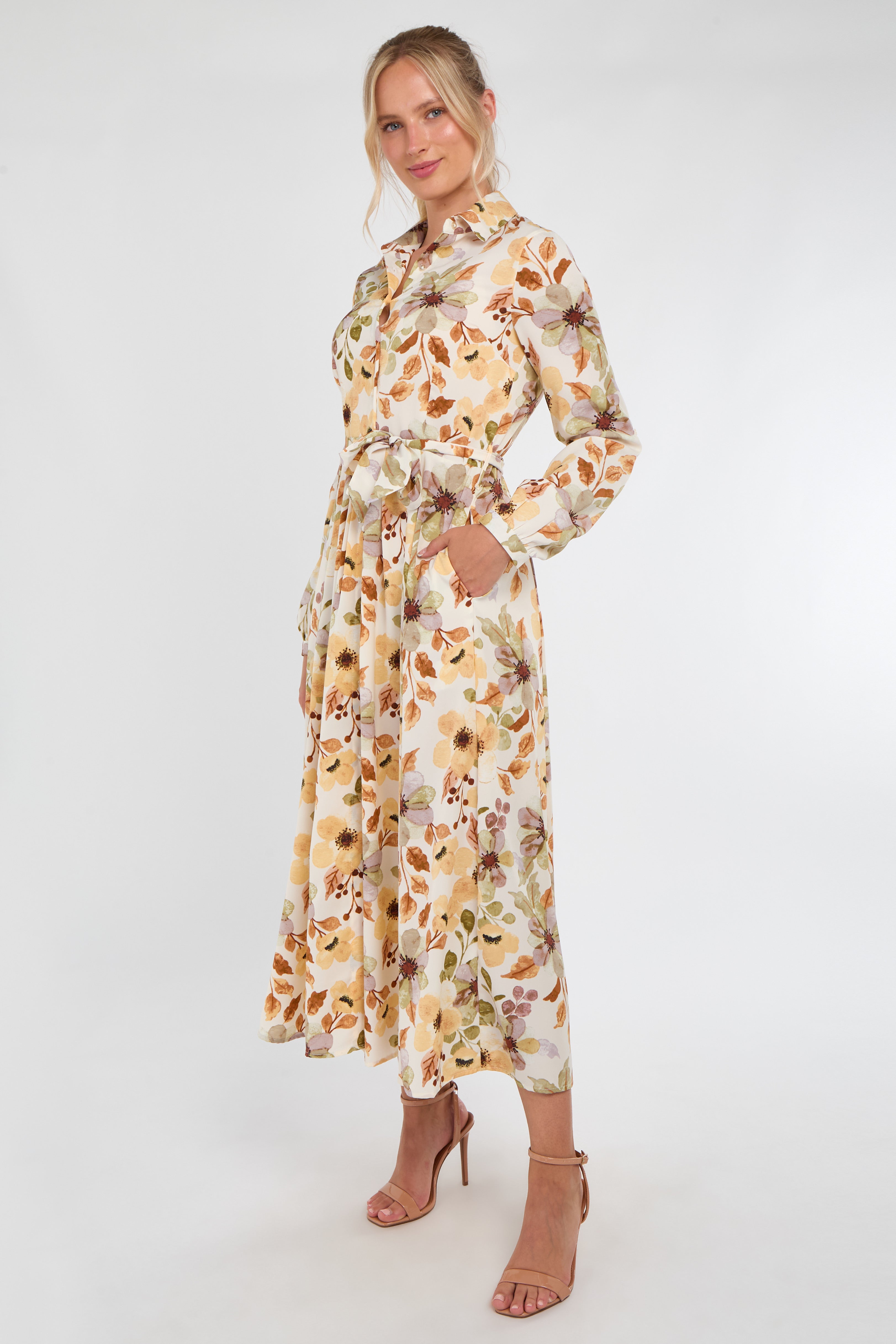 8Pcs Autumn Bloom Botanical Print Maxi Shirt Dress