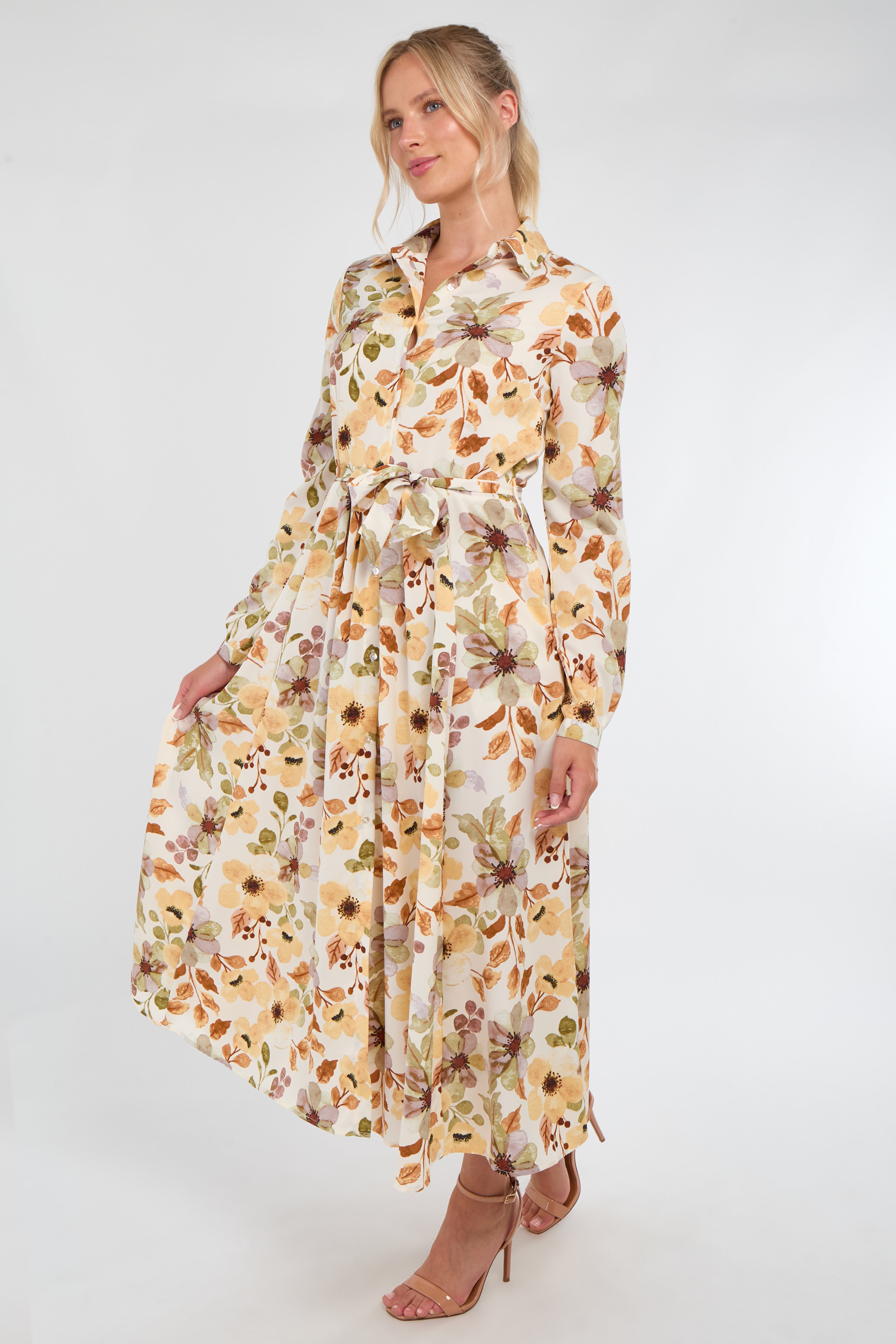 8Pcs Autumn Bloom Botanical Print Maxi Shirt Dress