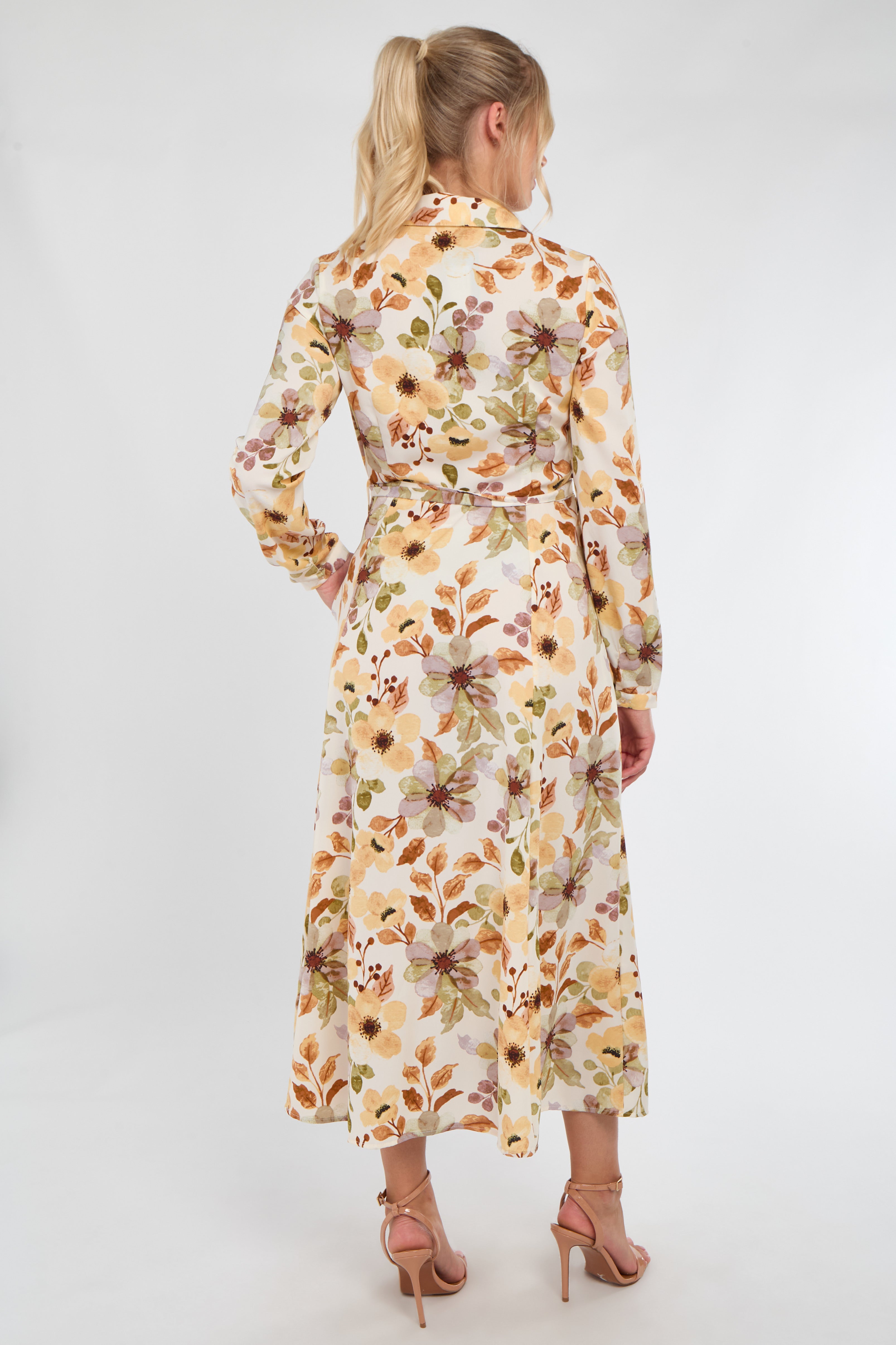 8Pcs Autumn Bloom Botanical Print Maxi Shirt Dress