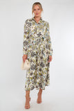 8Pcs Ivory and Olive Baroque Floral Print Maxi Shirt Dress