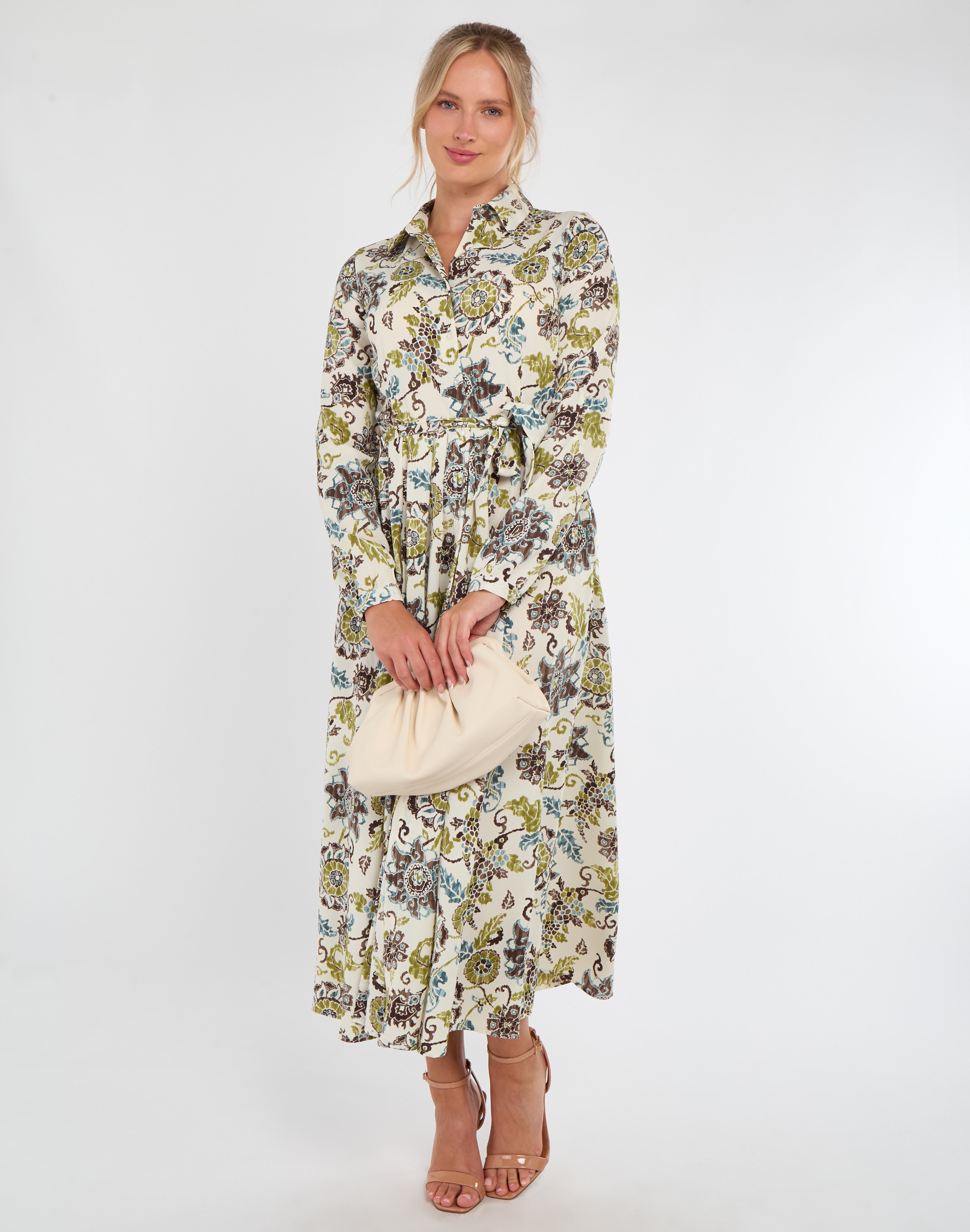 8Pcs Ivory and Olive Baroque Floral Print Maxi Shirt Dress