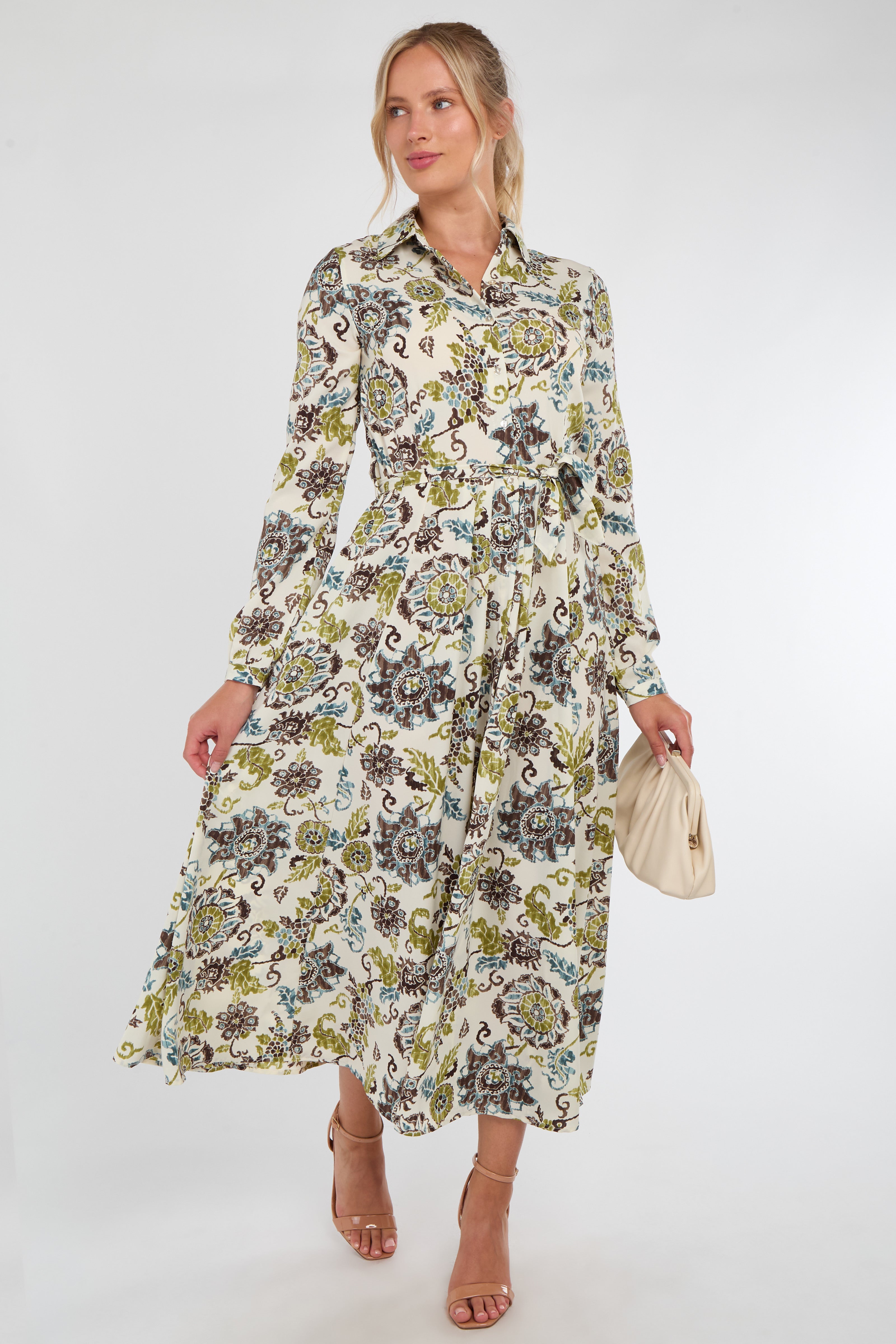 8Pcs Ivory and Olive Baroque Floral Print Maxi Shirt Dress