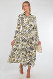 8Pcs Ivory and Olive Baroque Floral Print Maxi Shirt Dress