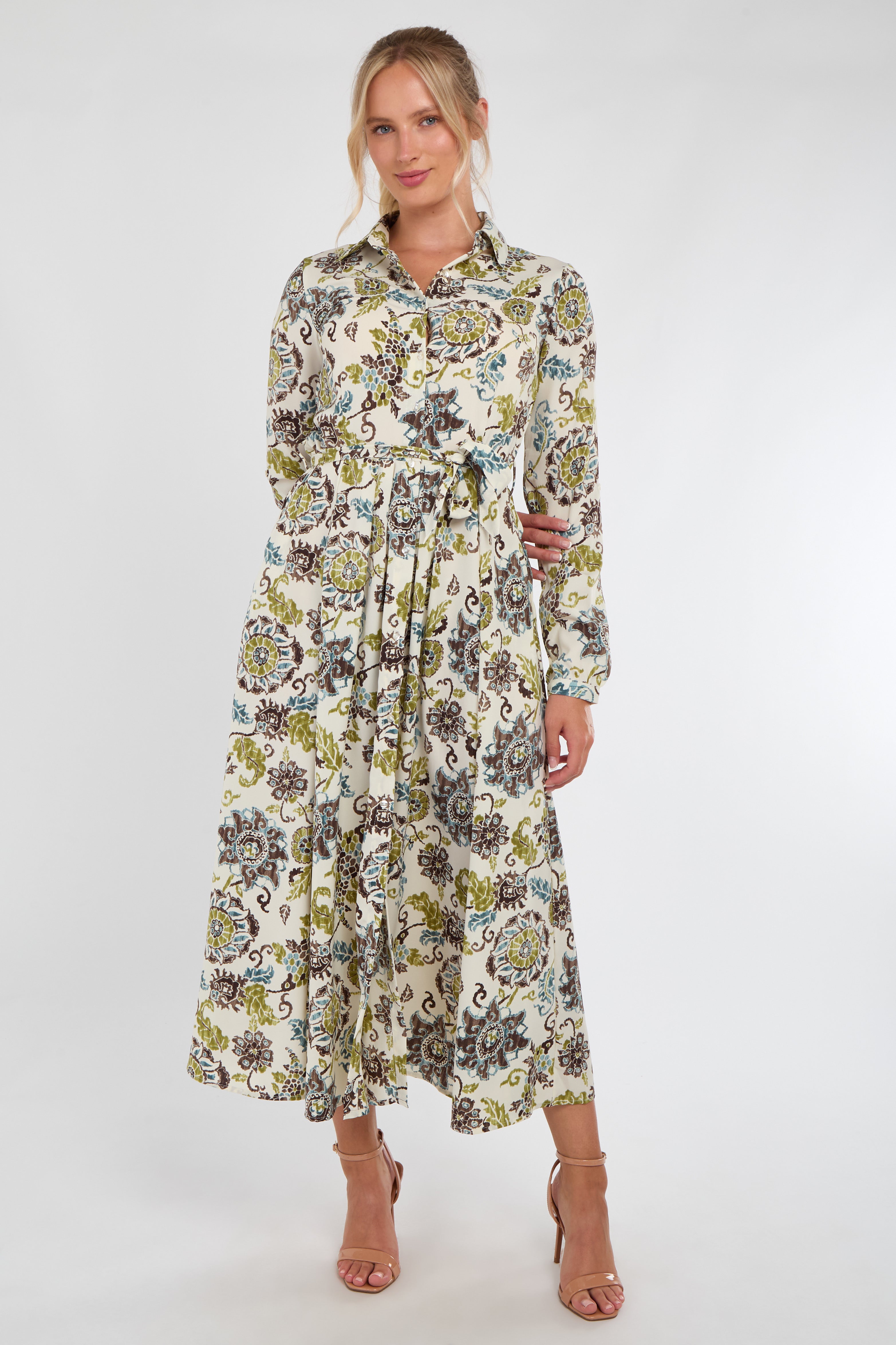 8Pcs Ivory and Olive Baroque Floral Print Maxi Shirt Dress
