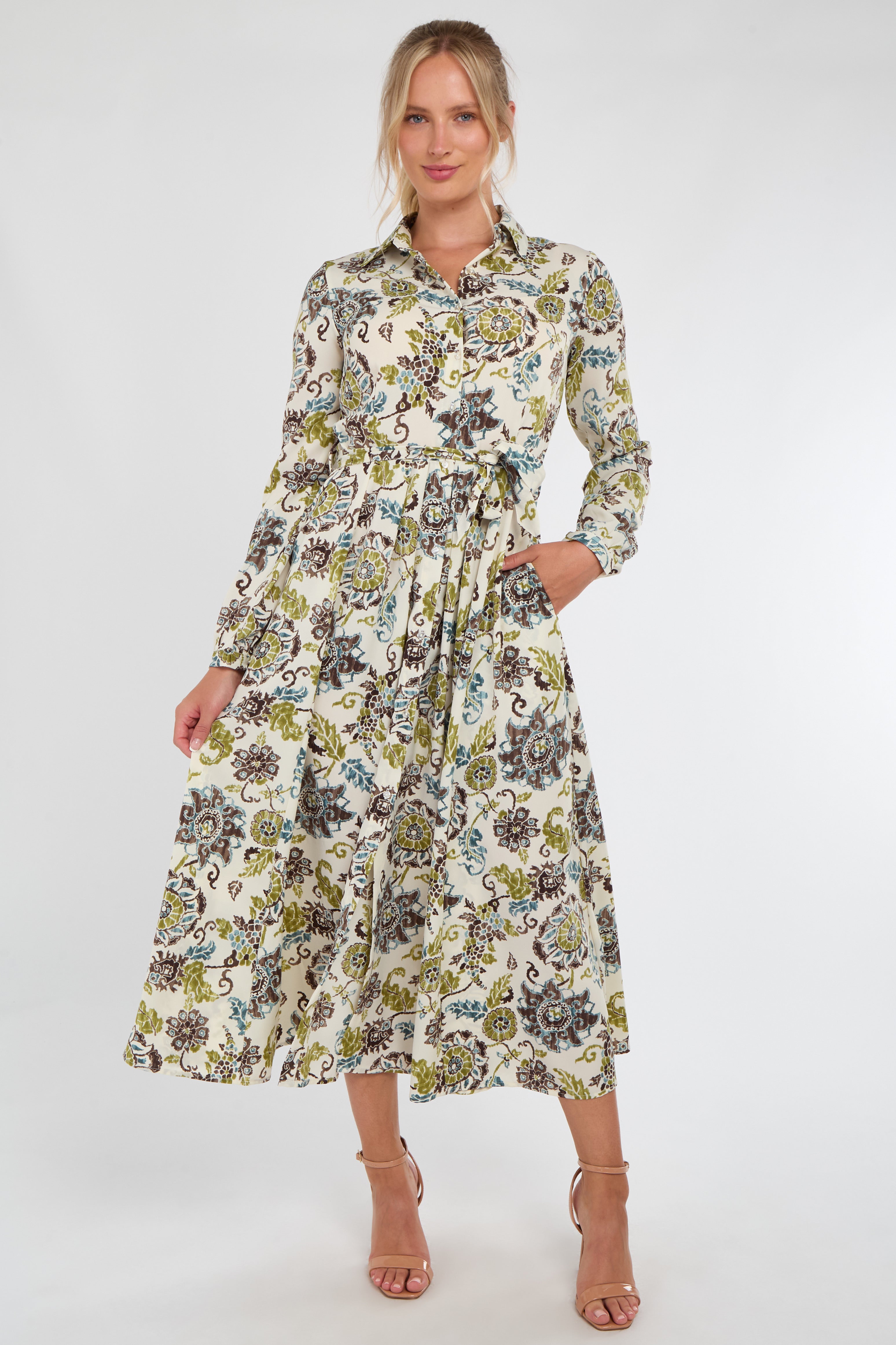 8Pcs Ivory and Olive Baroque Floral Print Maxi Shirt Dress
