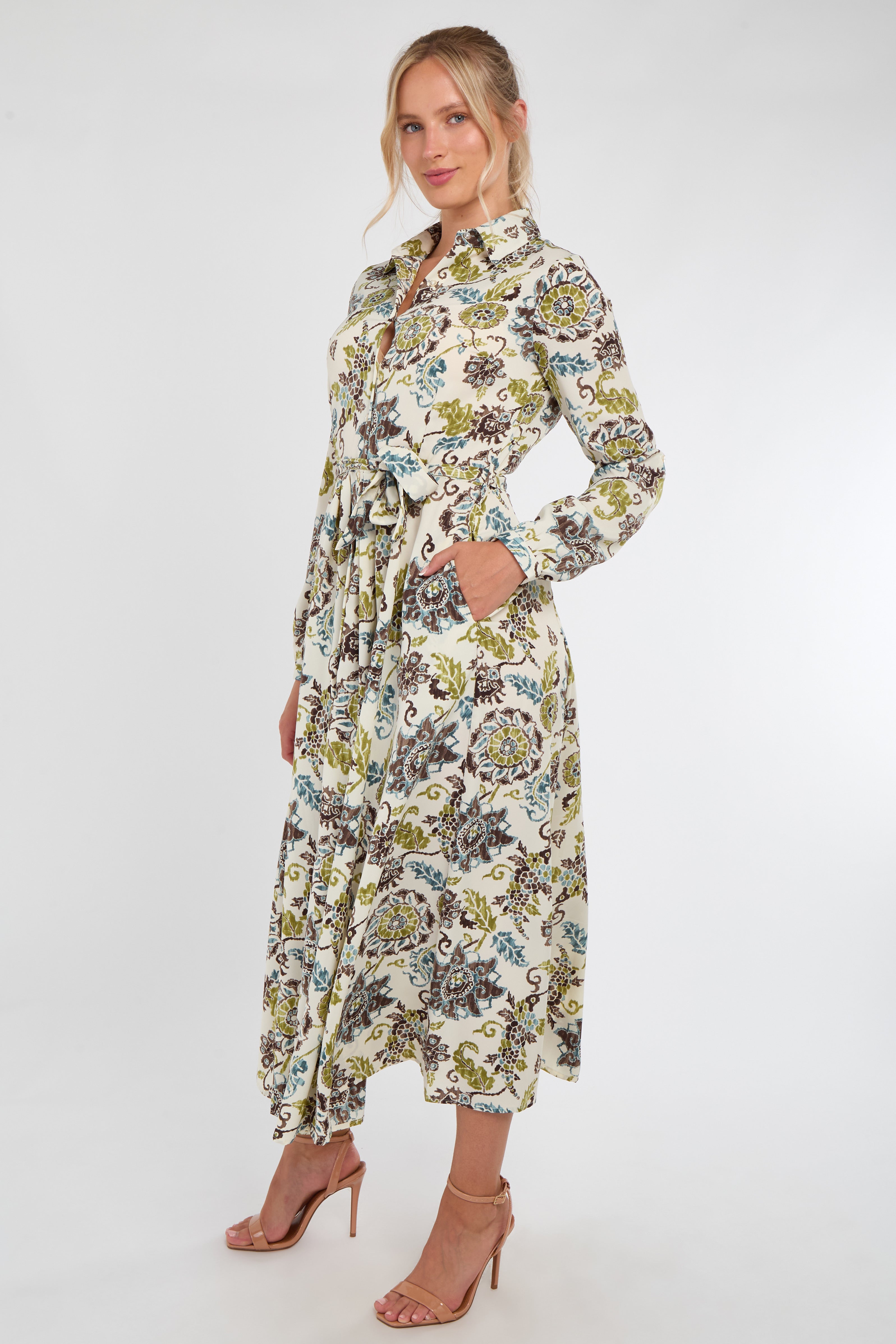 8Pcs Ivory and Olive Baroque Floral Print Maxi Shirt Dress