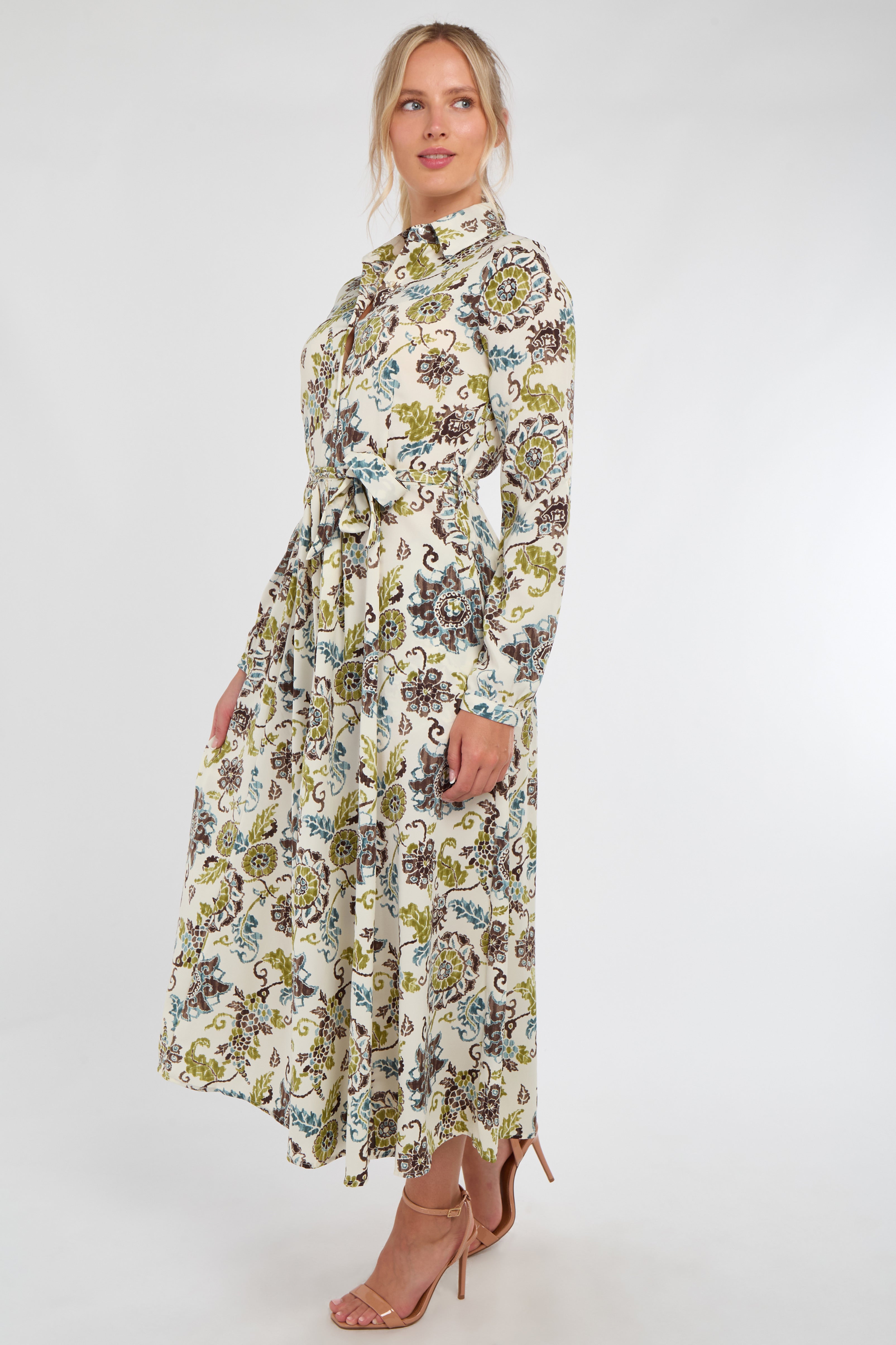 8Pcs Ivory and Olive Baroque Floral Print Maxi Shirt Dress