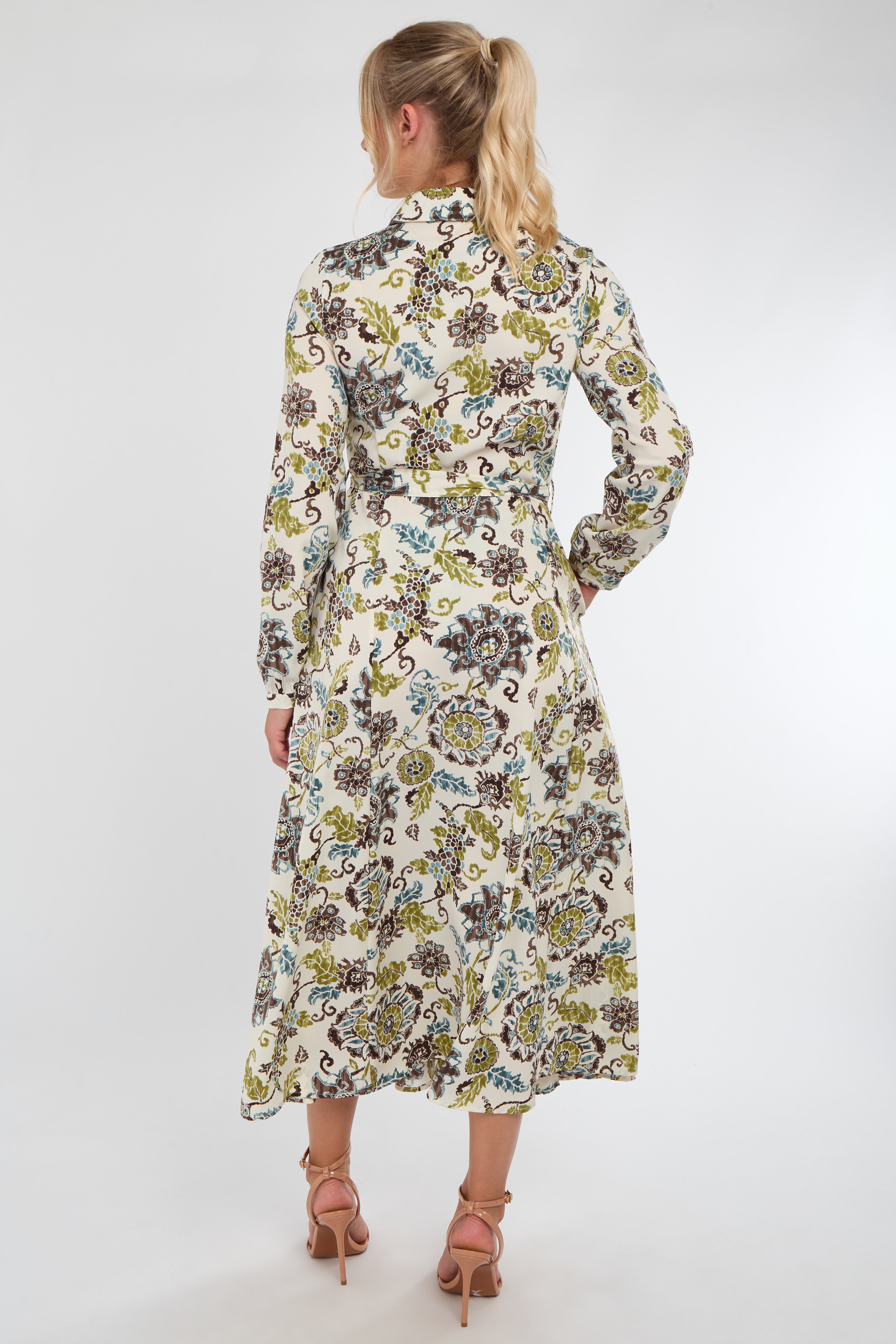 8Pcs Ivory and Olive Baroque Floral Print Maxi Shirt Dress