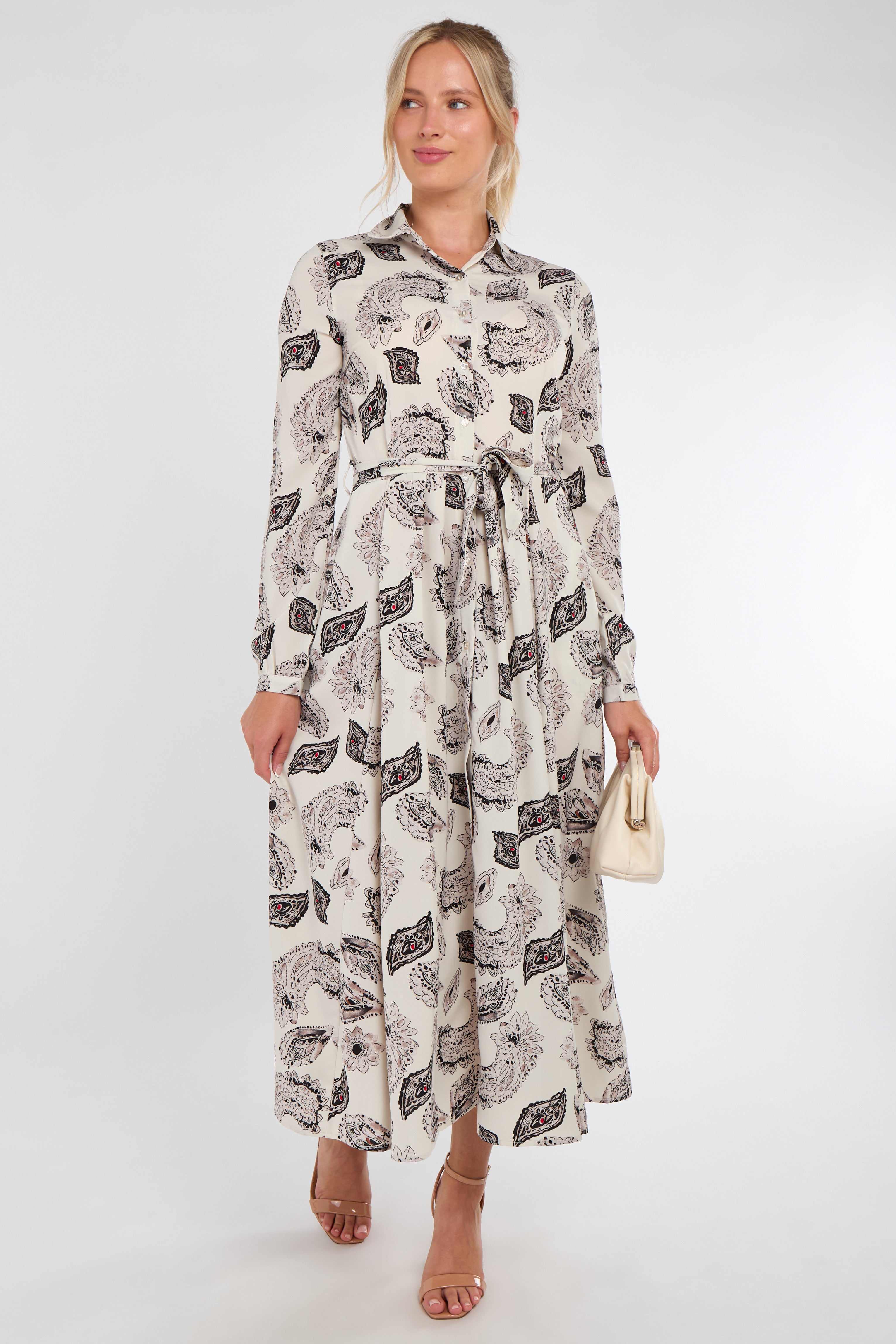 8Pcs Cream and Black Paisley Print Maxi Shirt Dress