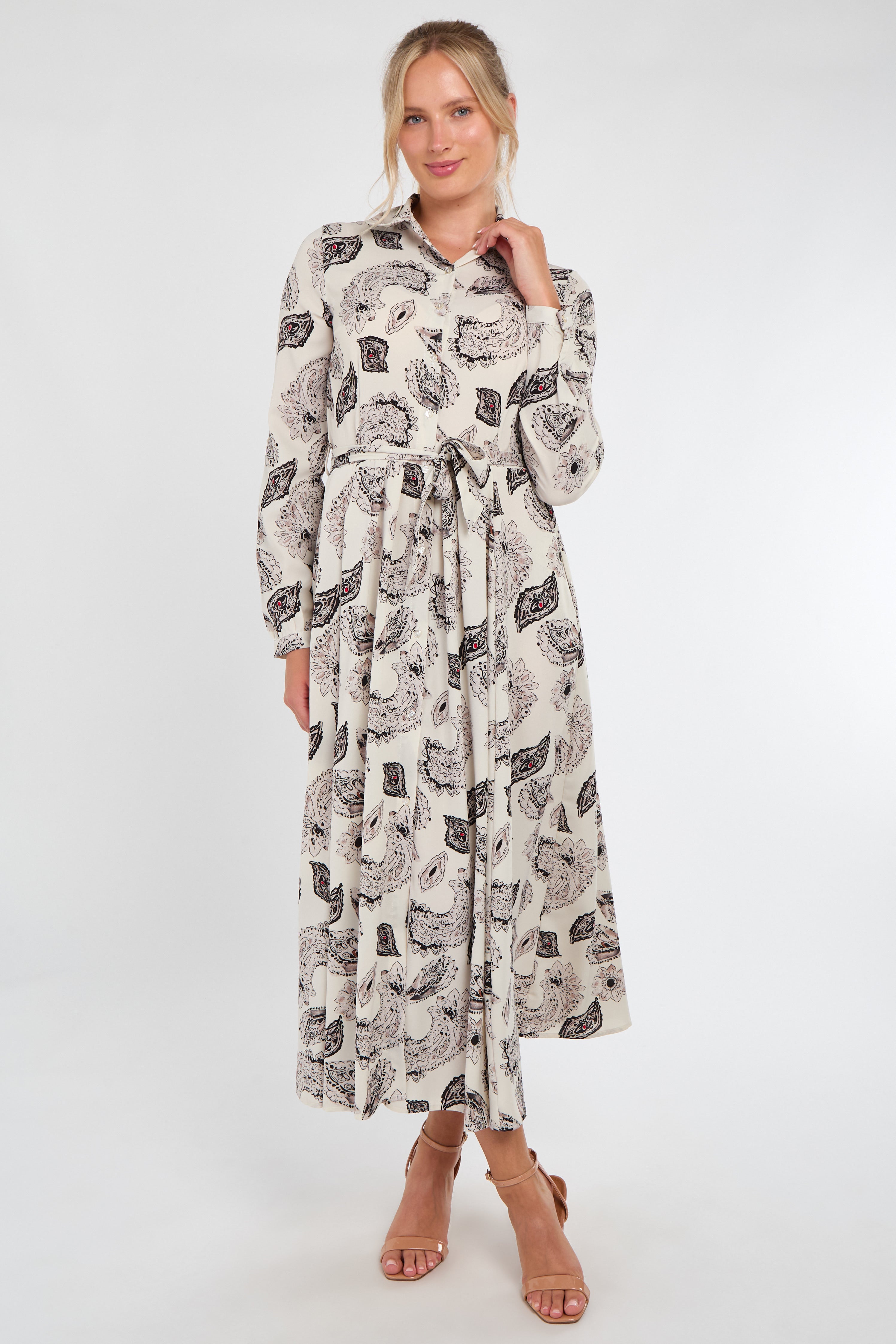 8Pcs Cream and Black Paisley Print Maxi Shirt Dress