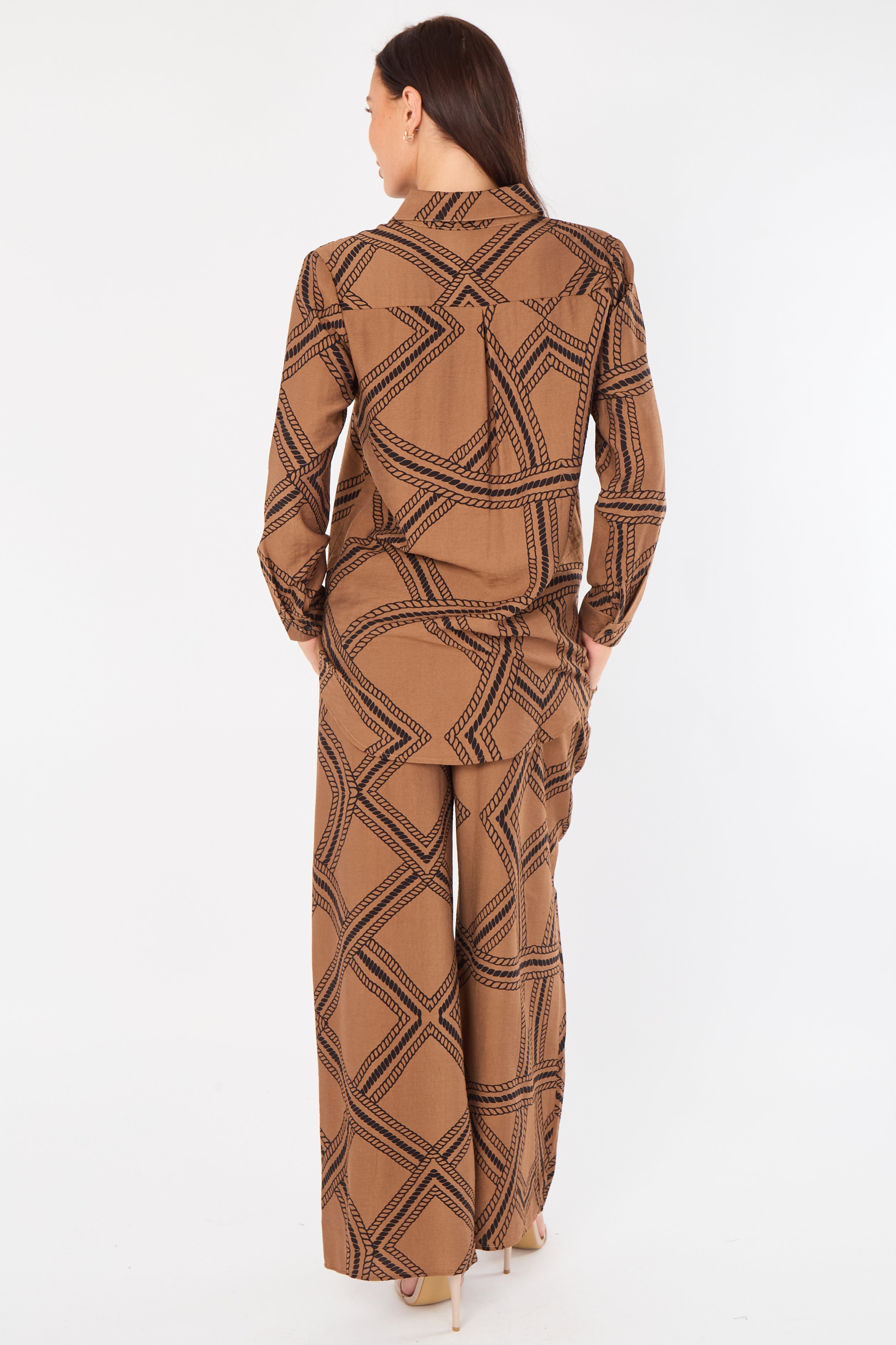 8Pcs Brown Rope Lattice Print Wide-Leg Co-ord