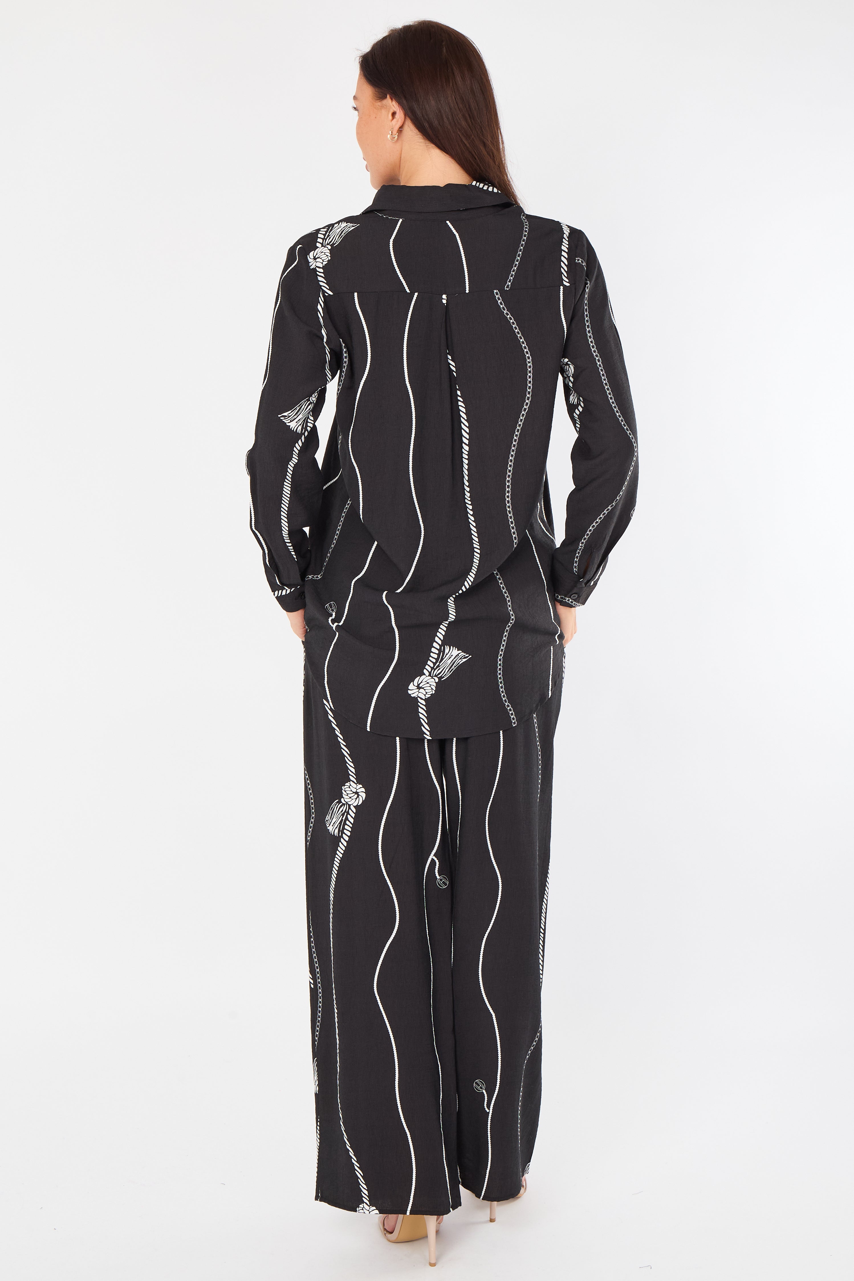 8Pcs Black Rope Stripe Print Wide-Leg Co-ord