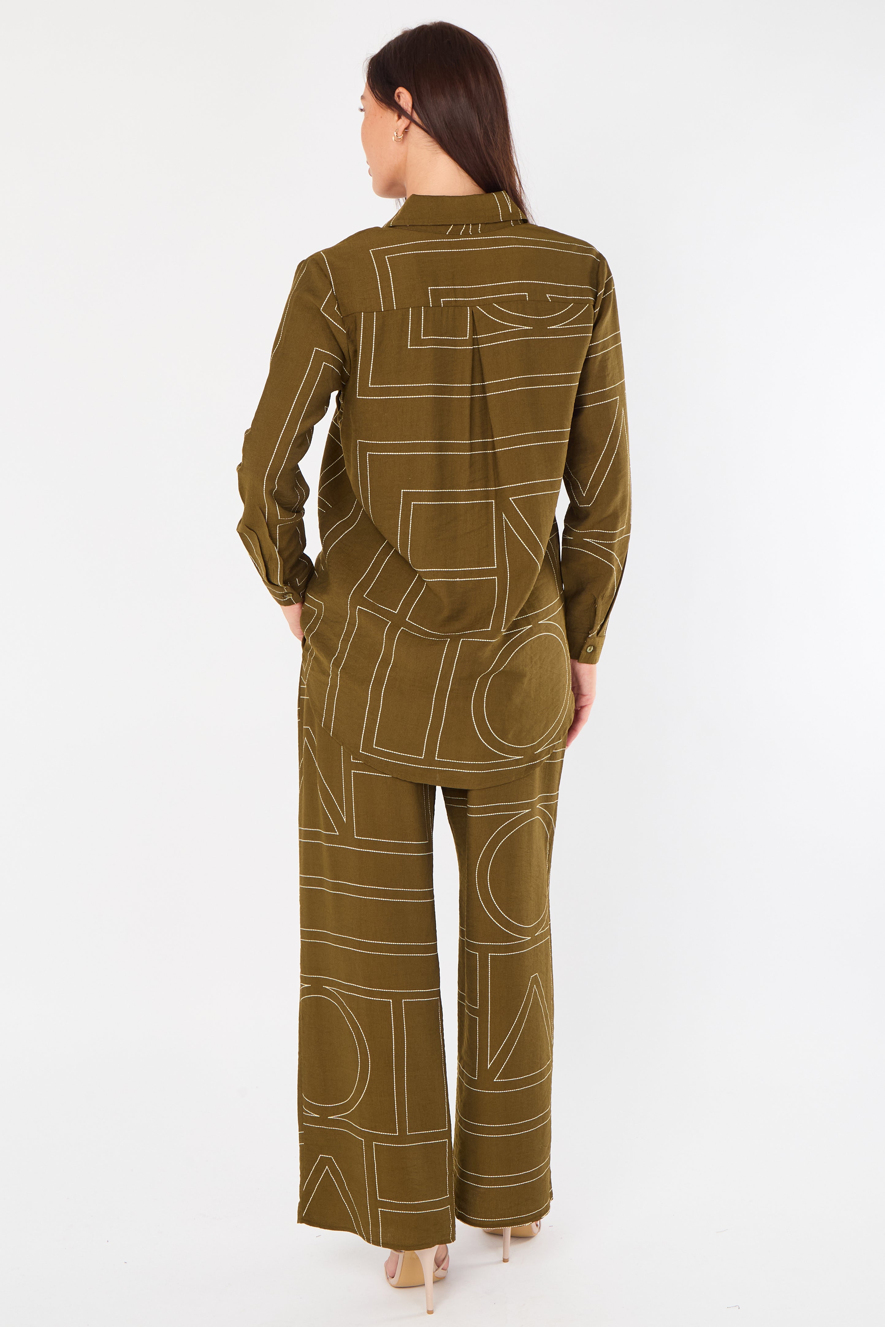 8Pcs Khaki Geometric Line Print Wide-Leg Co-ord