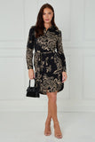 8Pcs Black and Beige Rose Print Mini Shirt Dress