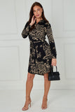 8Pcs Black and Beige Rose Print Mini Shirt Dress