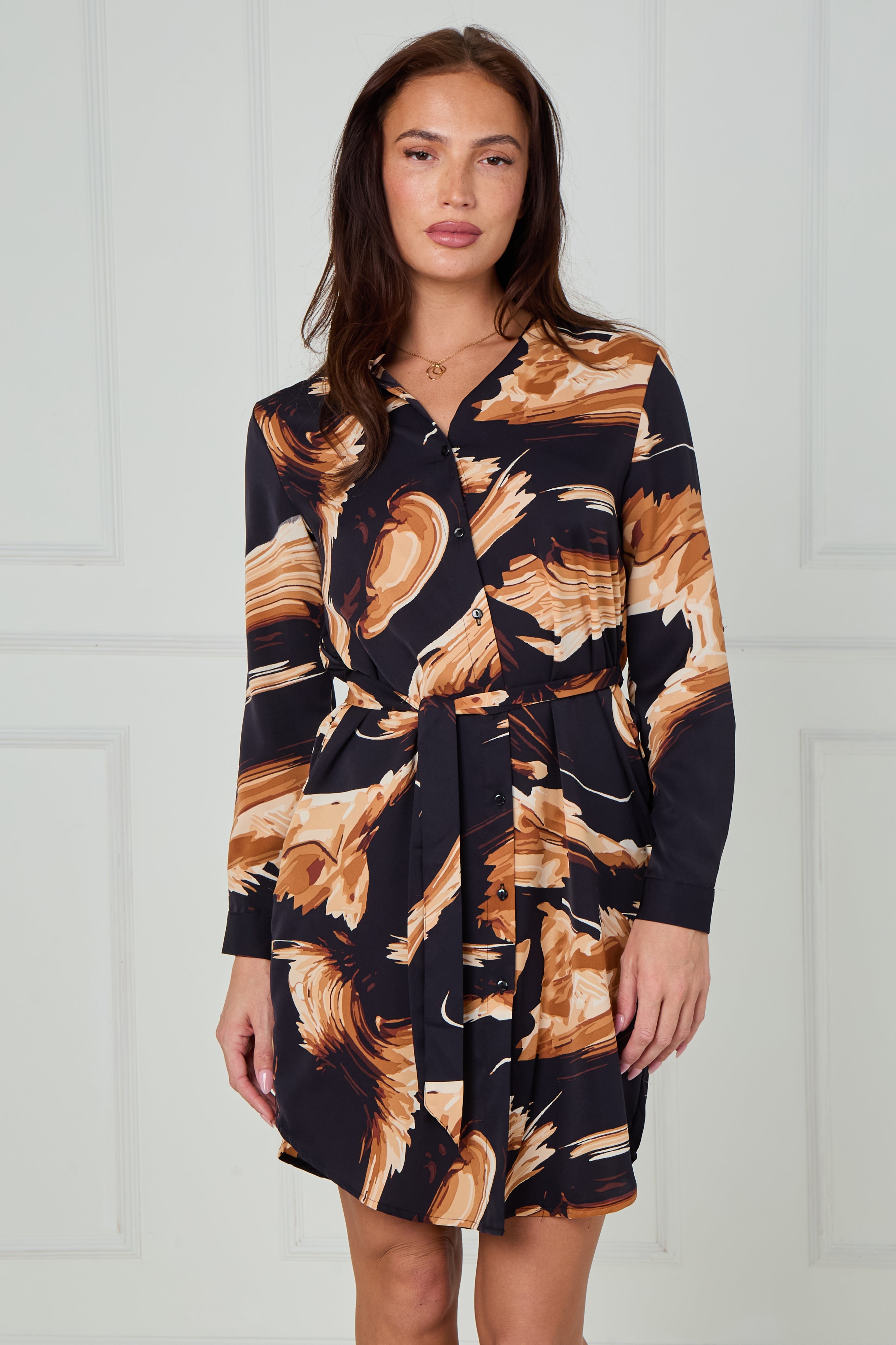 8Pcs Black and Mustard Smoky Abstract Print Mini Shirt Dress
