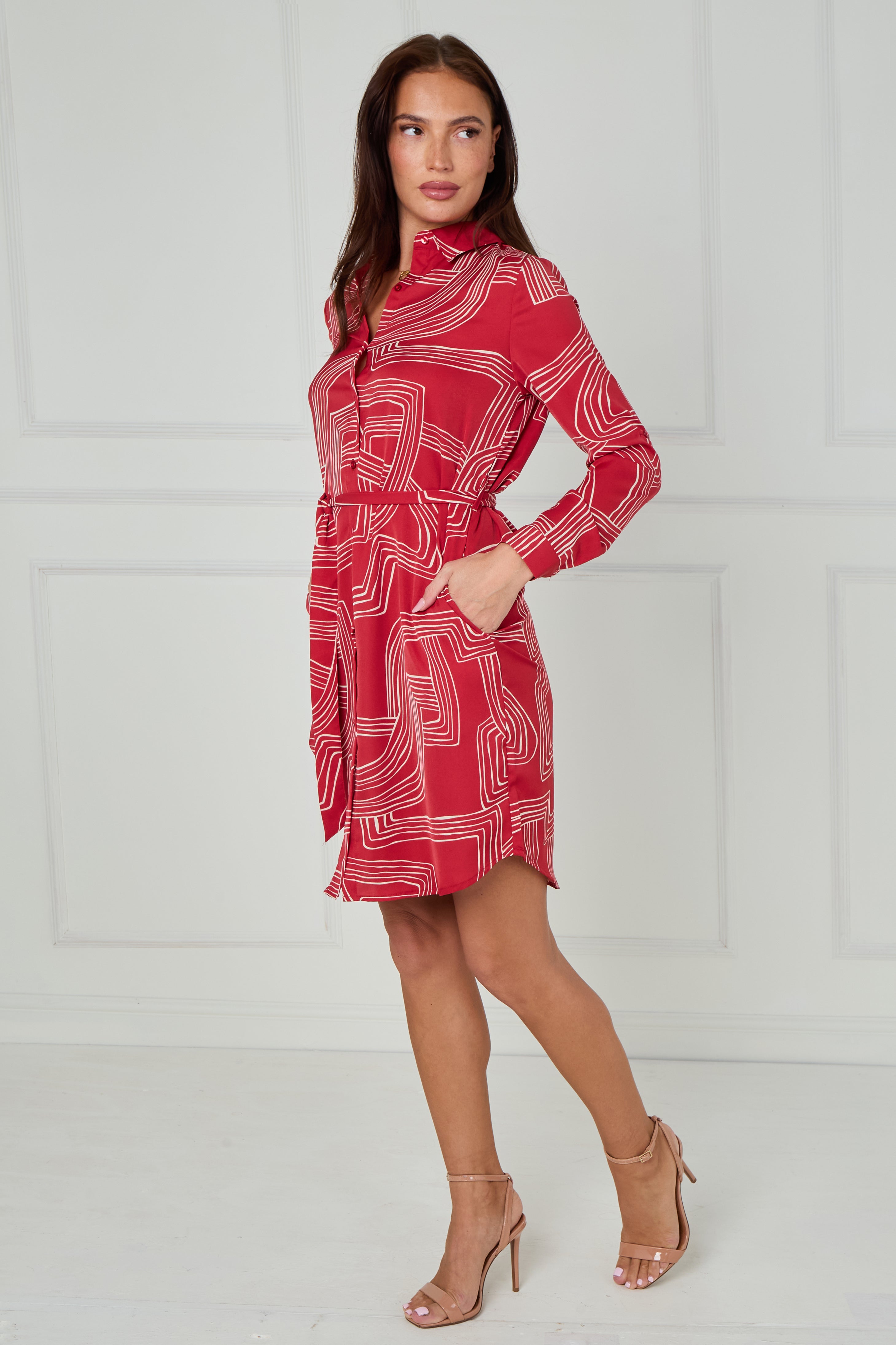 8Pcs Crimson and White Geometric Print Mini Shirt Dress