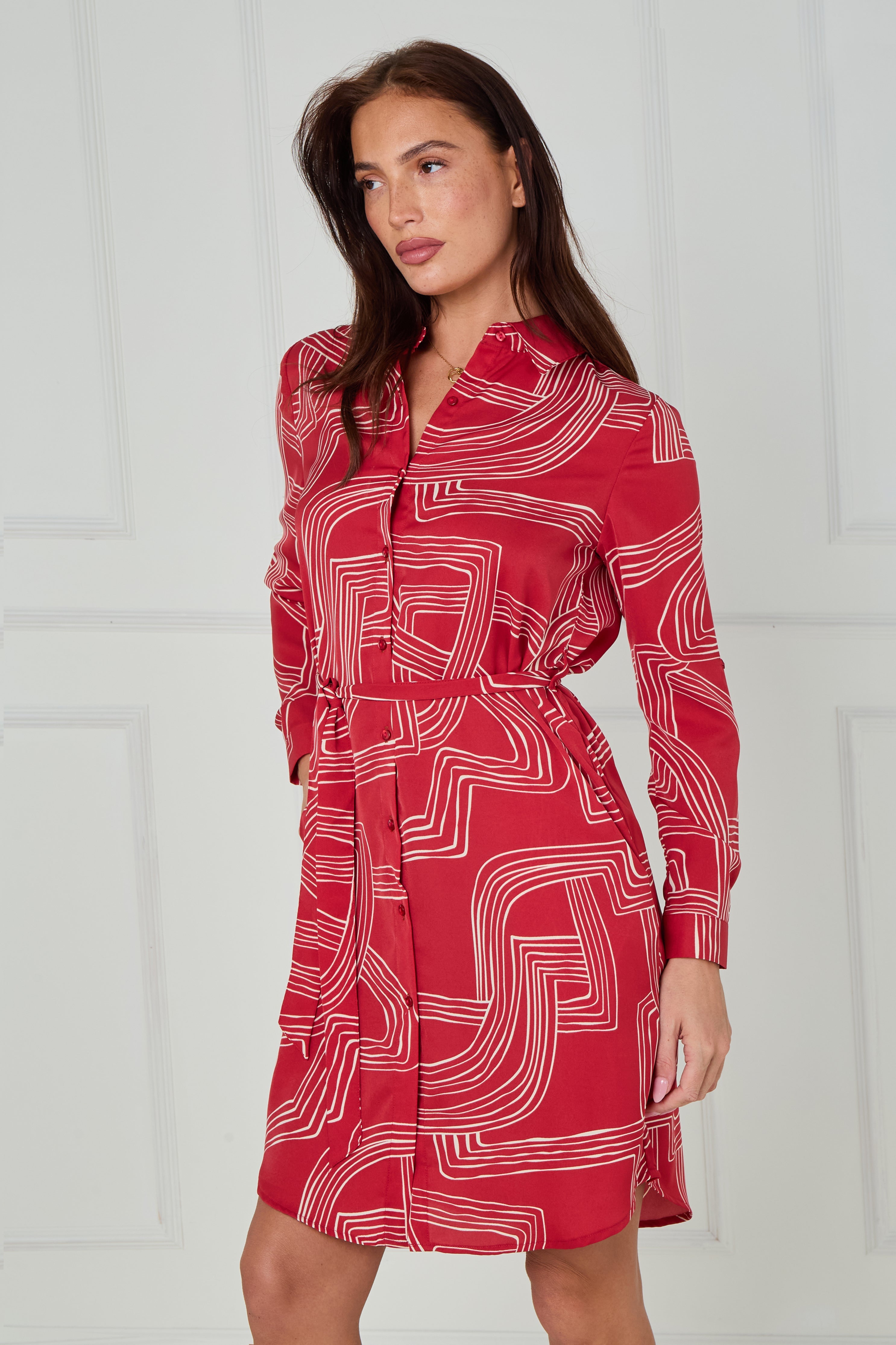 8Pcs Crimson and White Geometric Print Mini Shirt Dress