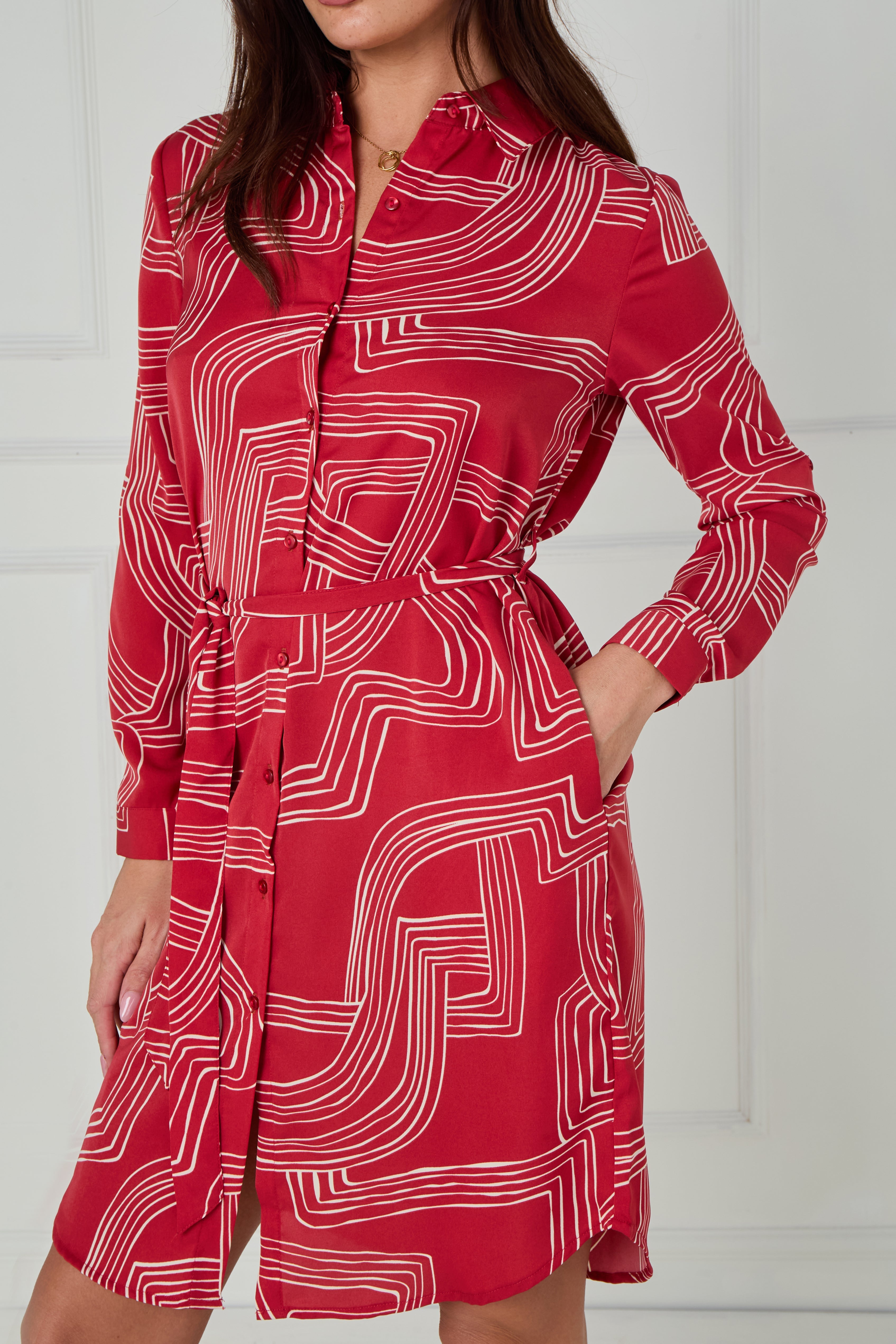 8Pcs Crimson and White Geometric Print Mini Shirt Dress