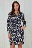 8Pcs Navy and Cream Abstract Floral Print Mini Shirt Dress