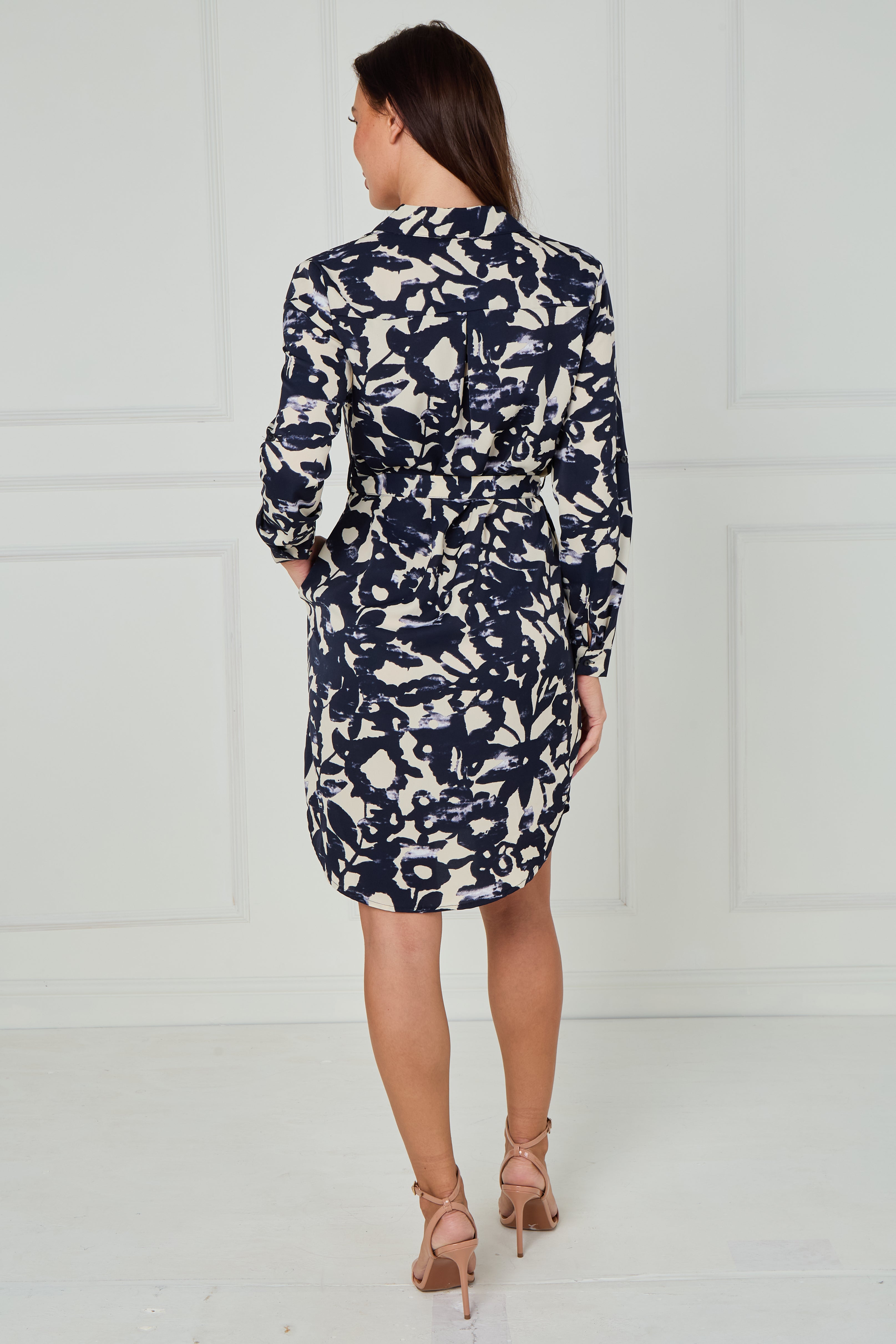 8Pcs Navy and Cream Abstract Floral Print Mini Shirt Dress