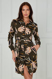8Pcs Khaki and Blush Tropical Floral Print Mini Shirt Dress