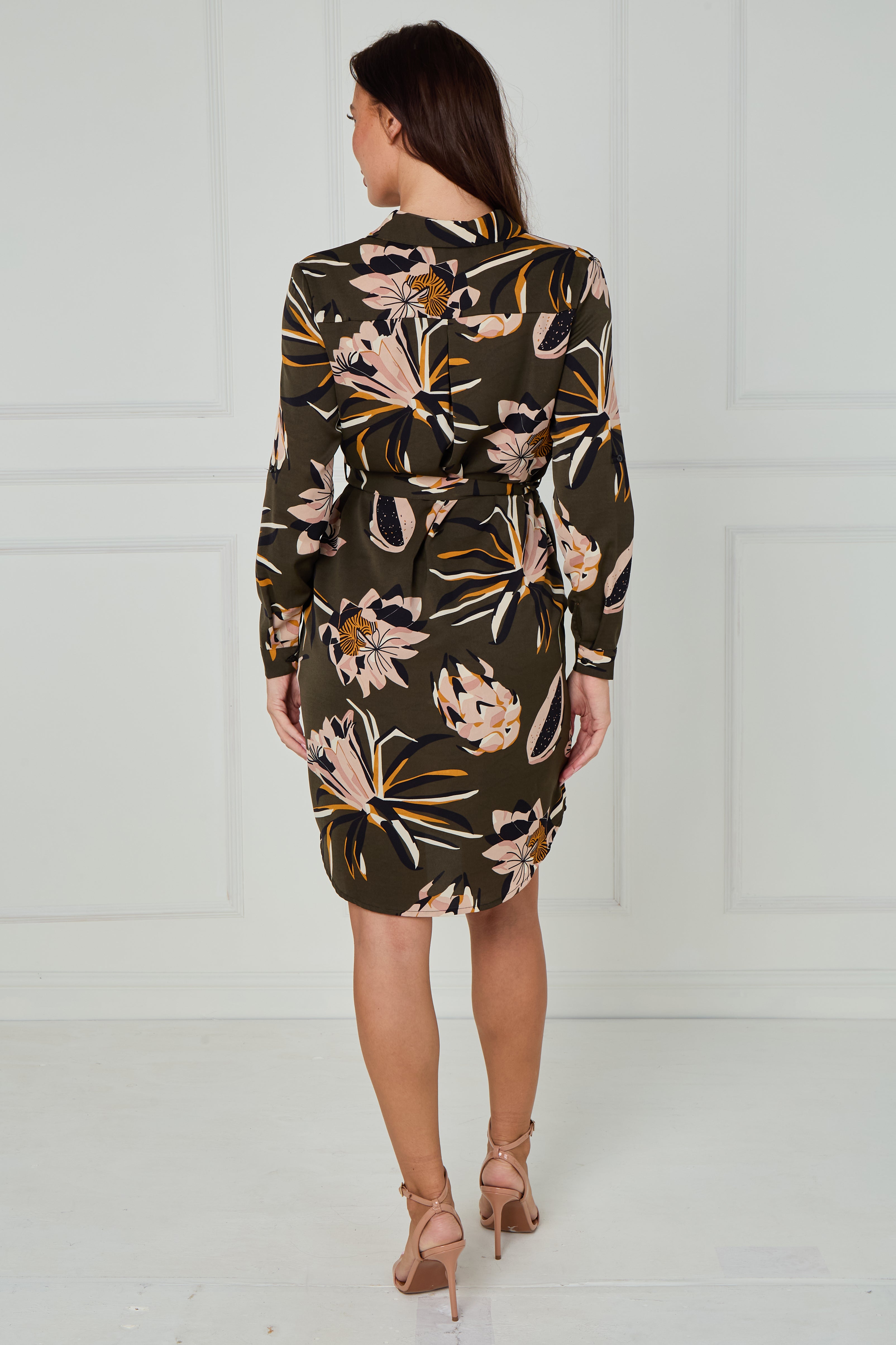 8Pcs Khaki and Blush Tropical Floral Print Mini Shirt Dress