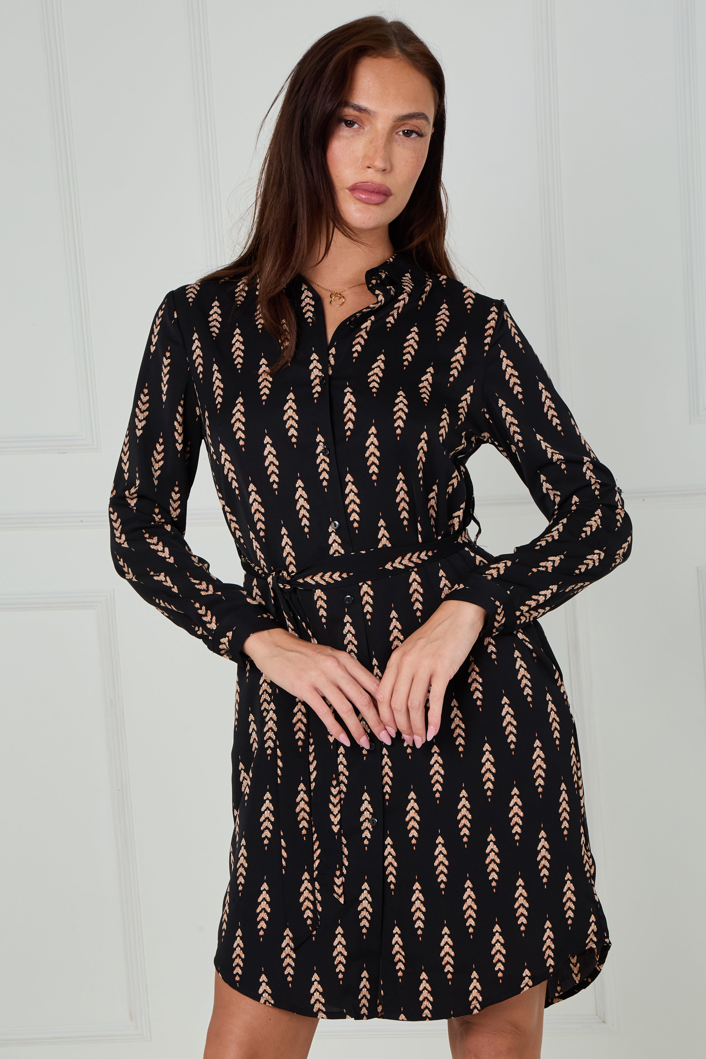 8Pcs Black and Camel Chevron Print Mini Shirt Dress
