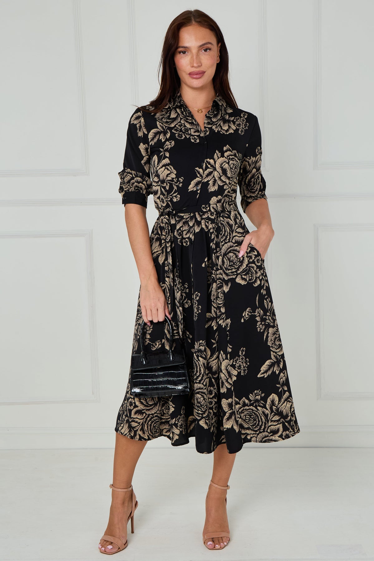 8Pcs Black and Beige Rose Print Midi Shirt Dress